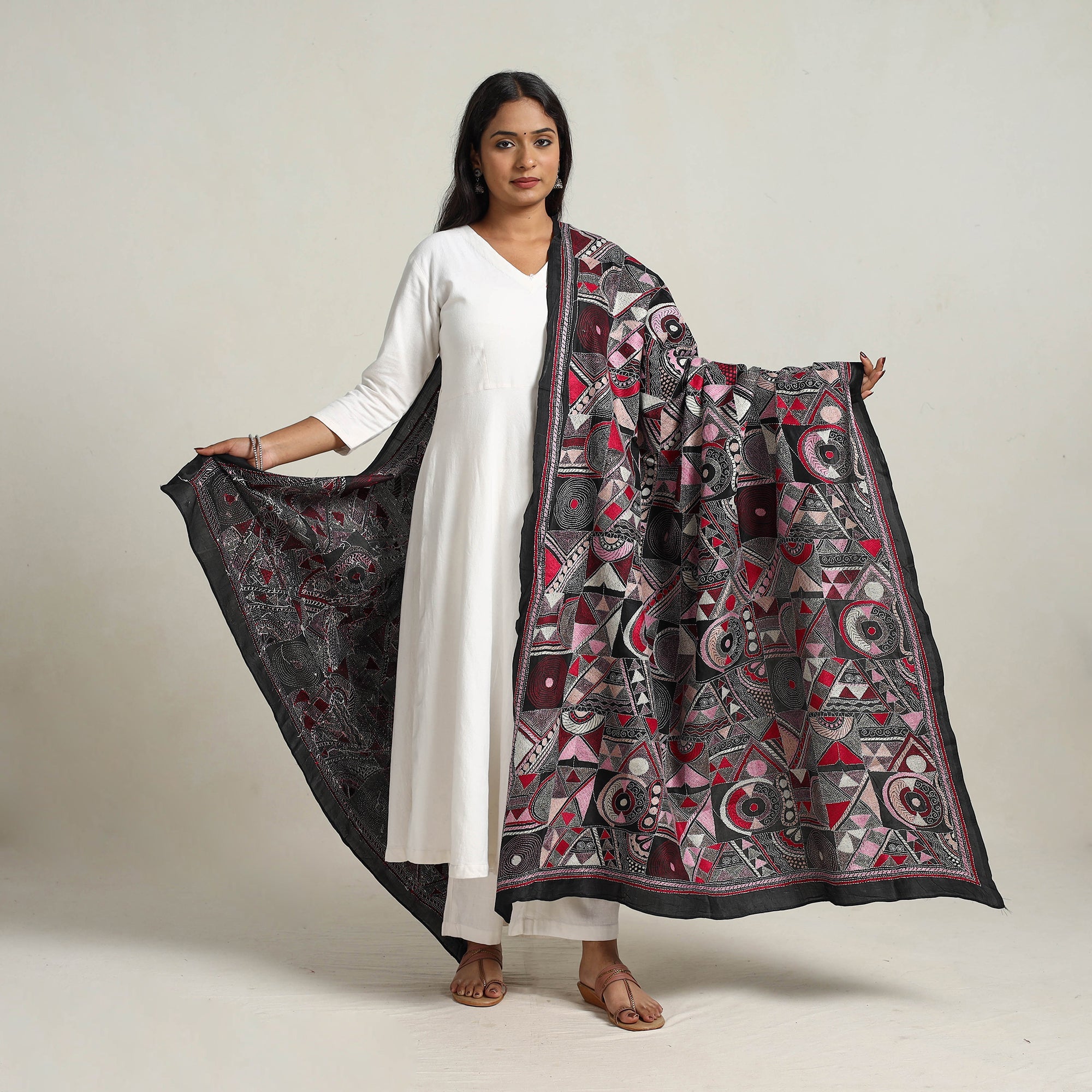 Multicolor - bengal handloom silk kantha embroidery dupatta