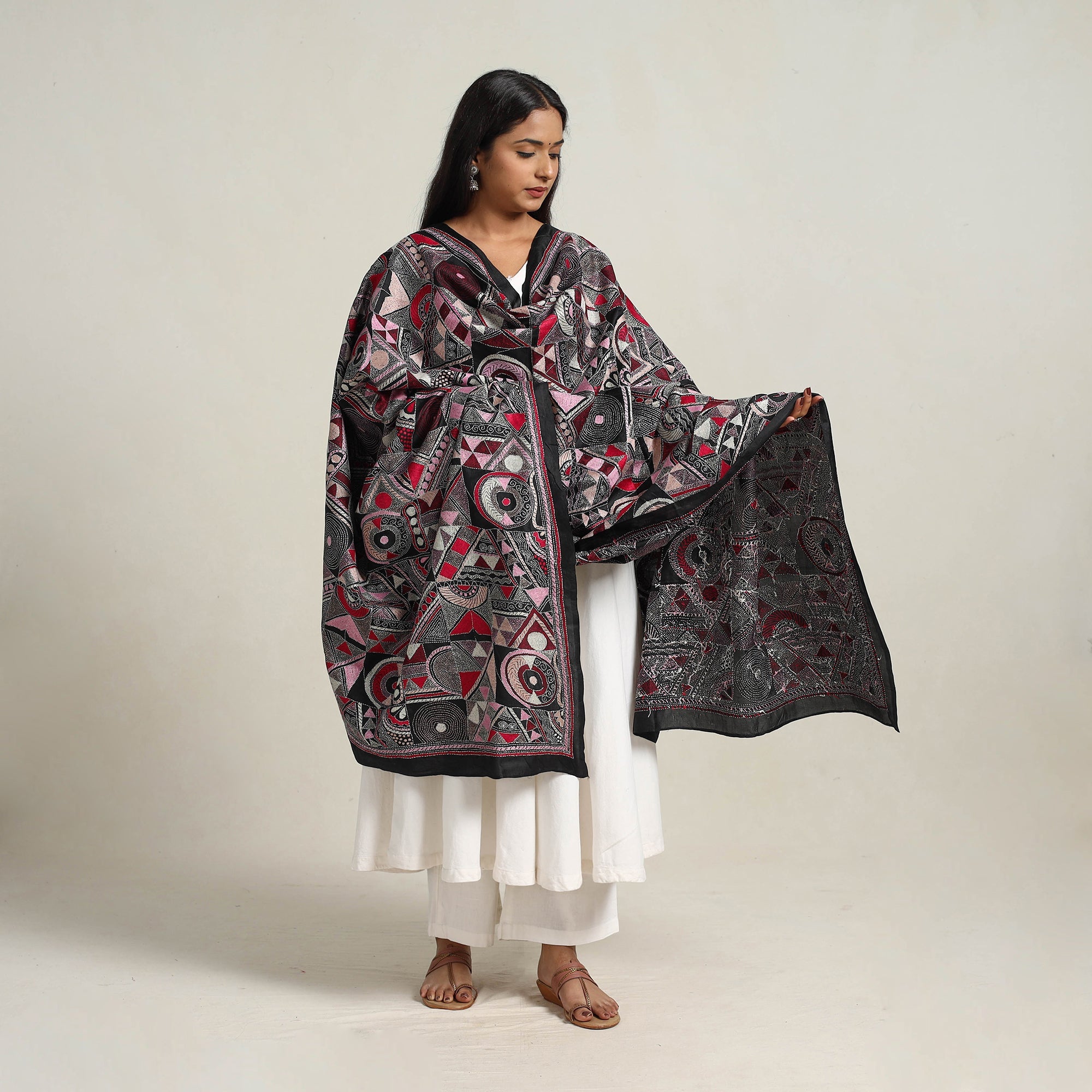 Multicolor - bengal handloom silk kantha embroidery dupatta