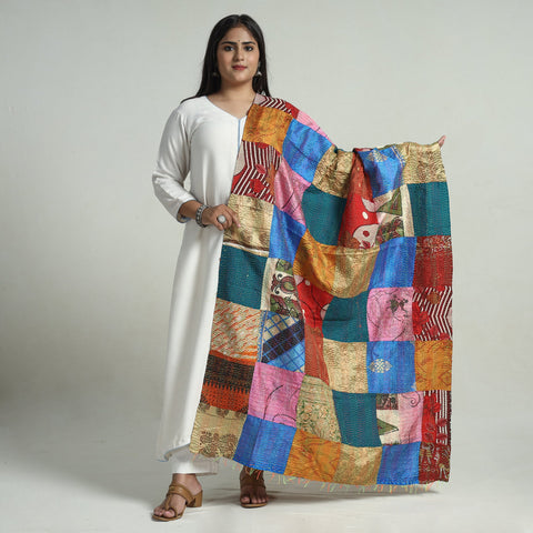 Buy Bengal Kantha Embroidery Patchwork Reversible Silk Dupatta 19 Online at iTokri.com