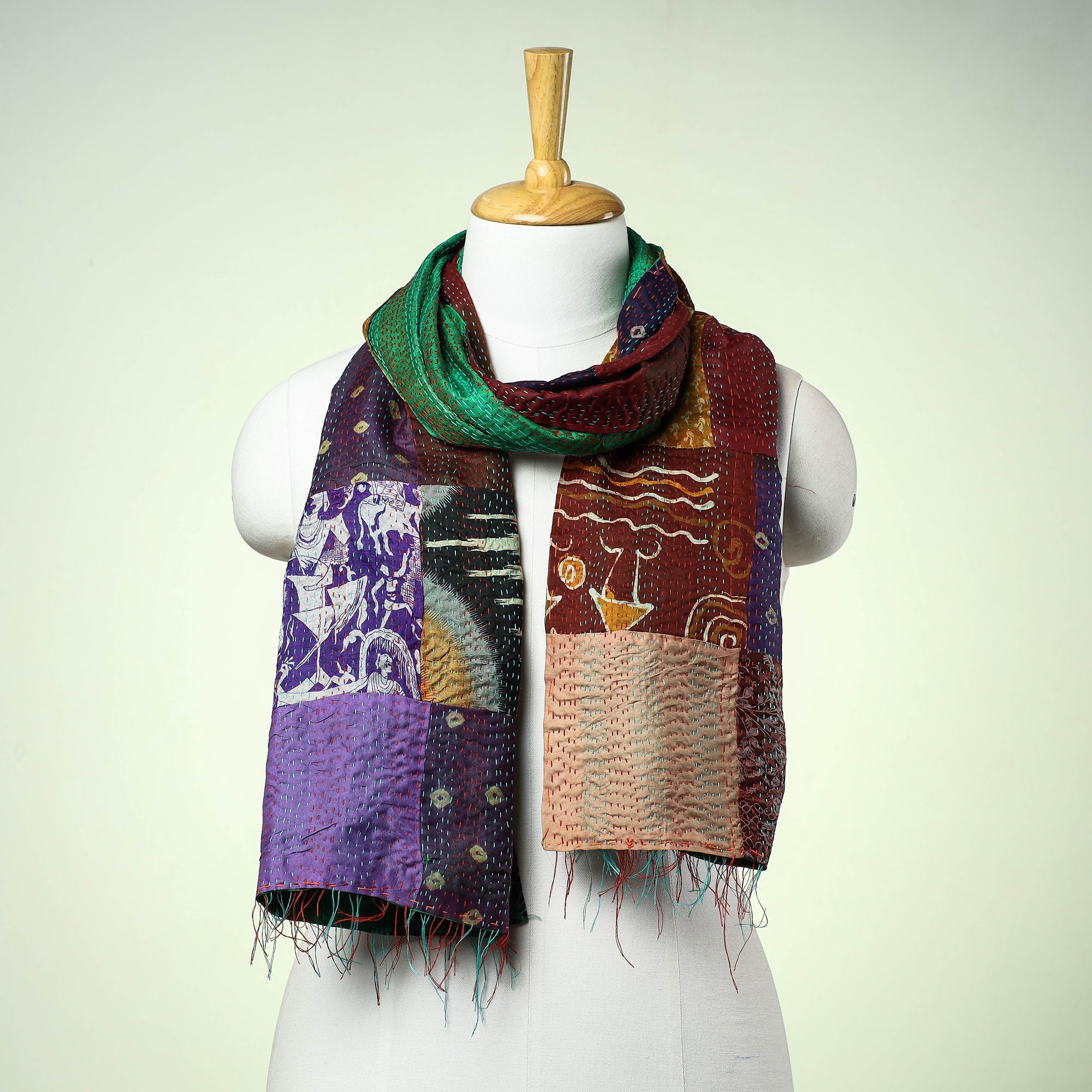  Bengal Kantha Embroidery Patchwork Reversible Silk Stole 
