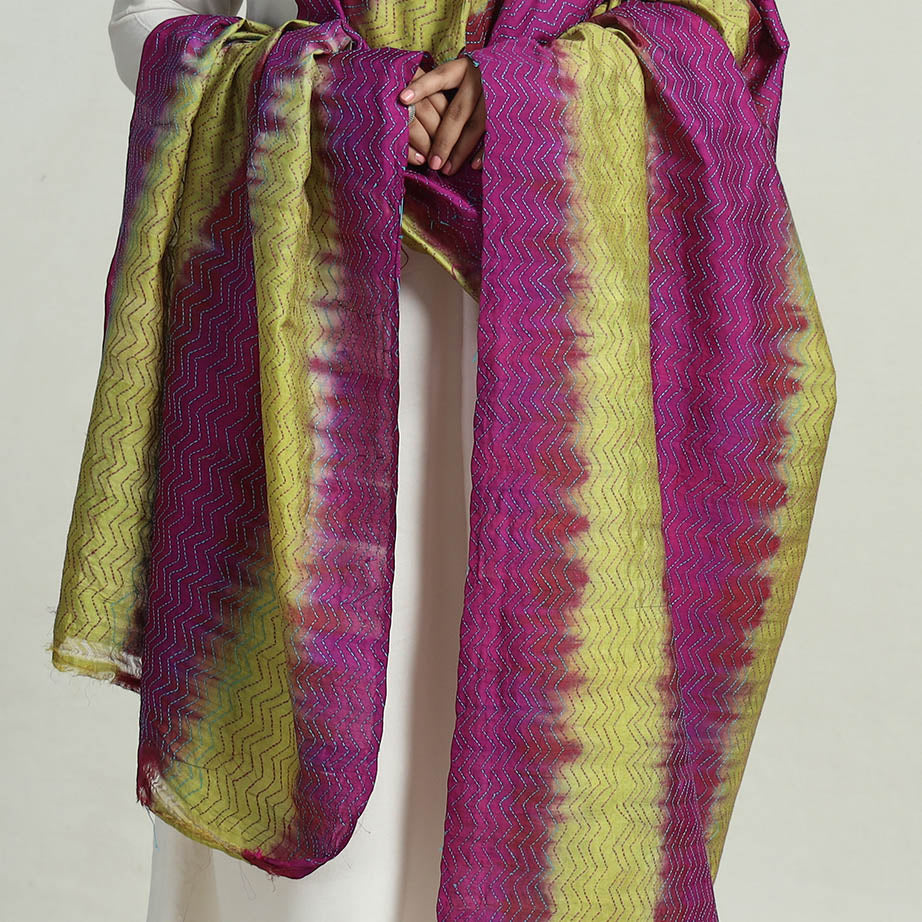 Multicolor - Bengal Kantha Embroidery Block Printed Silk Handloom Dupatta 12