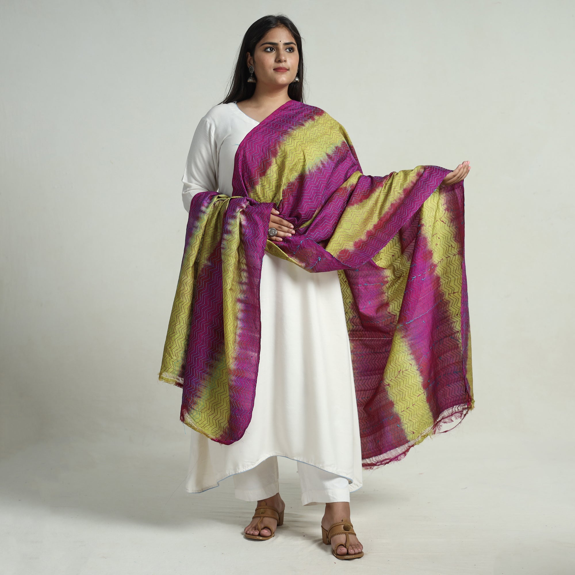 Multicolor - Bengal Kantha Embroidery Block Printed Silk Handloom Dupatta 12