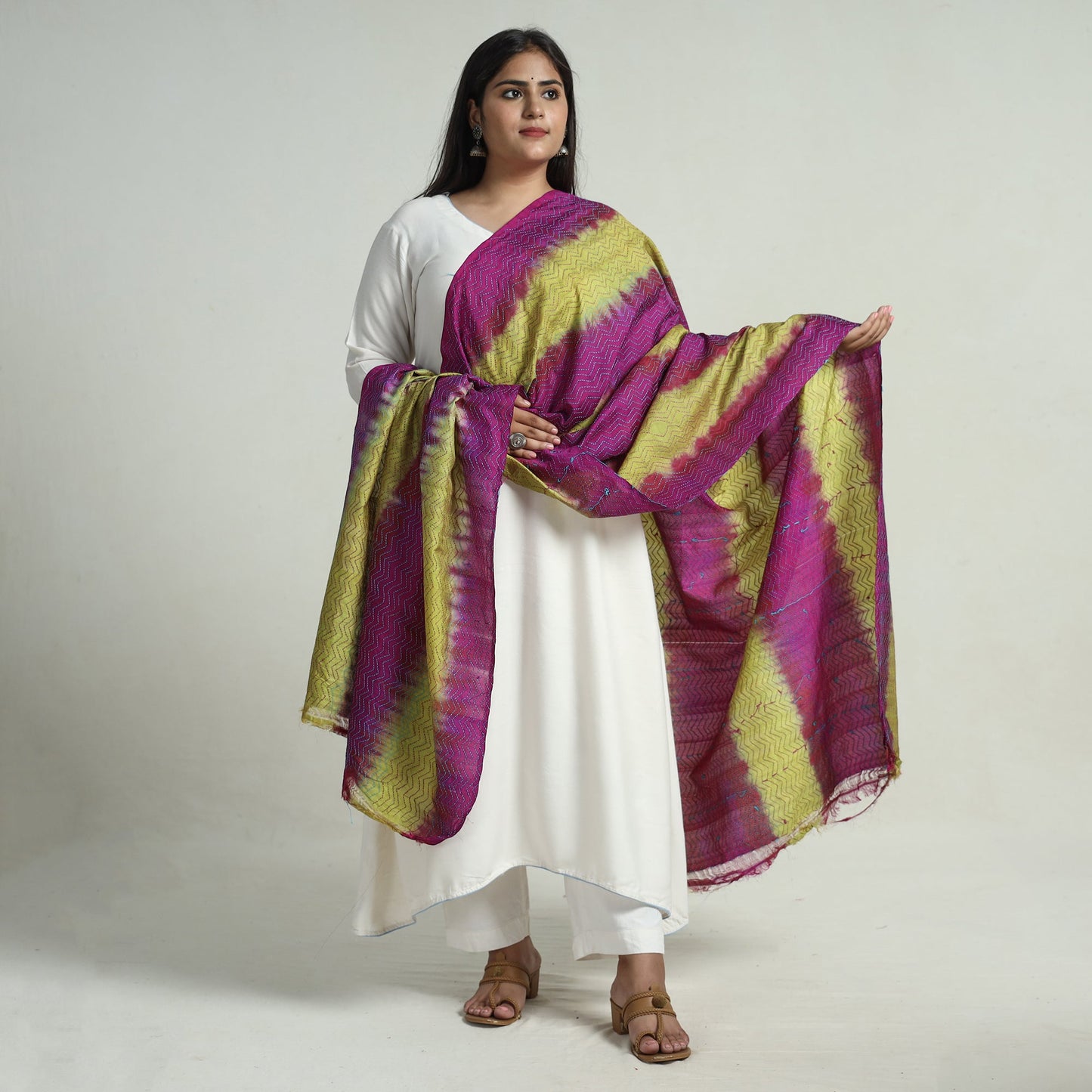 Multicolor - Bengal Kantha Embroidery Block Printed Silk Handloom Dupatta 12
