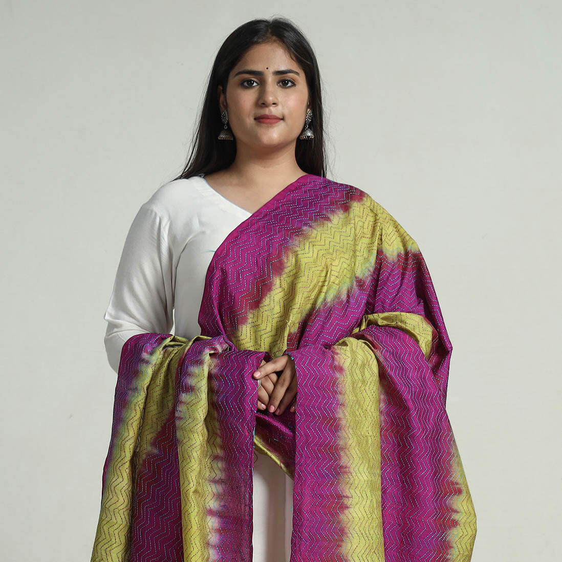 Multicolor - Bengal Kantha Embroidery Block Printed Silk Handloom Dupatta 12