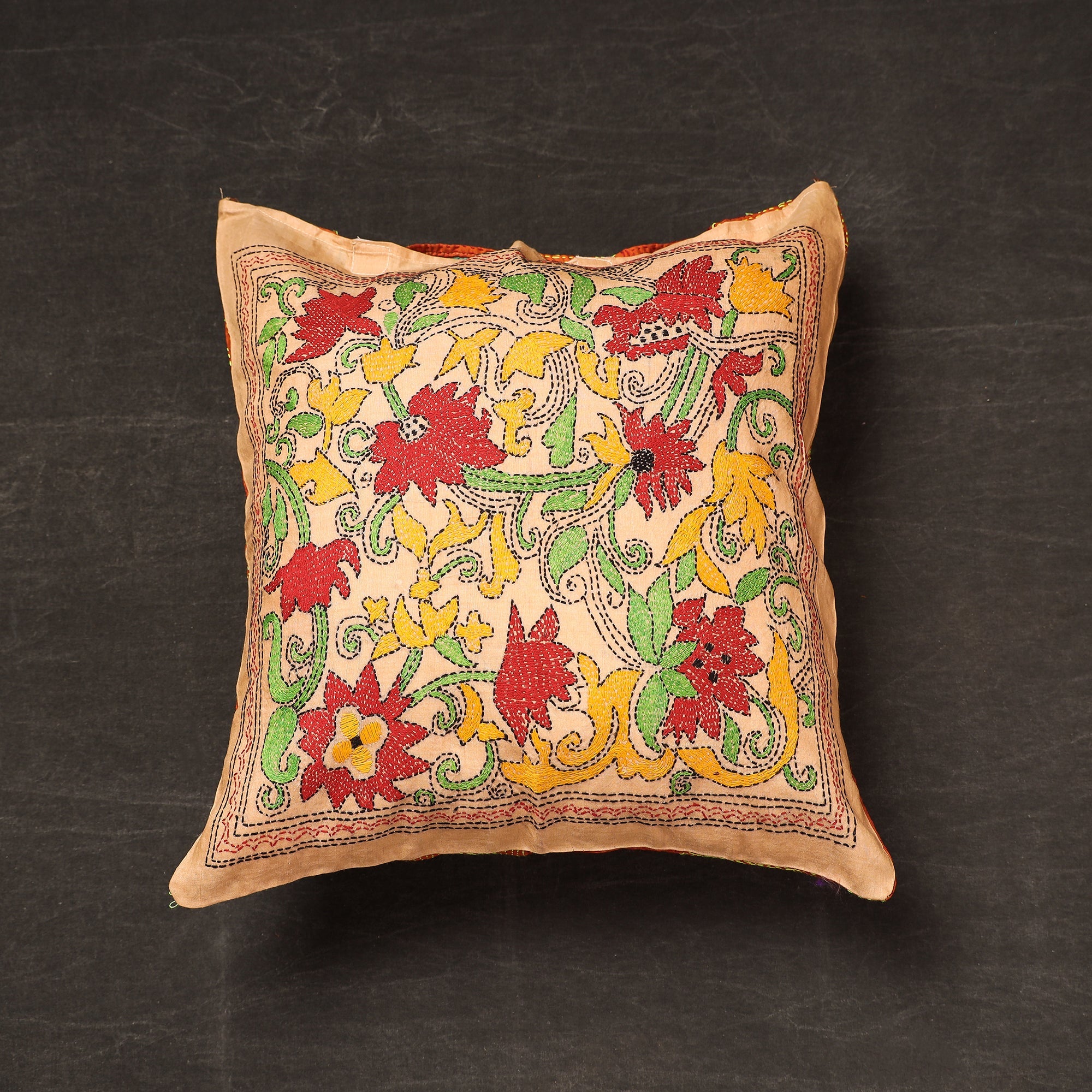 Buy Bengal Kantha Embroidery Reversible Silk Cushion Cover 24 Online at iTokri.com