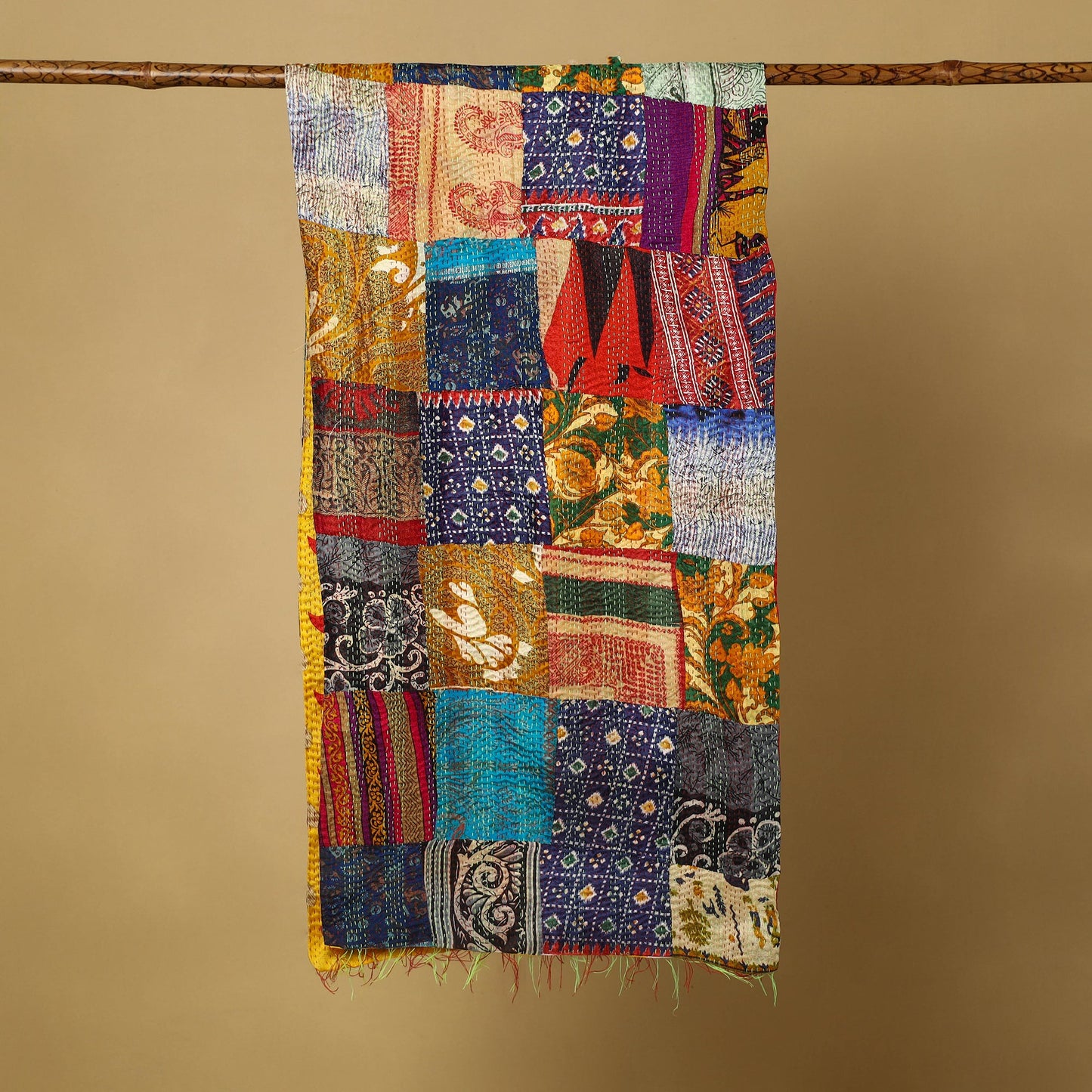  Multicolor Bengal Kantha Work Reversible Patchwork Silk Stole