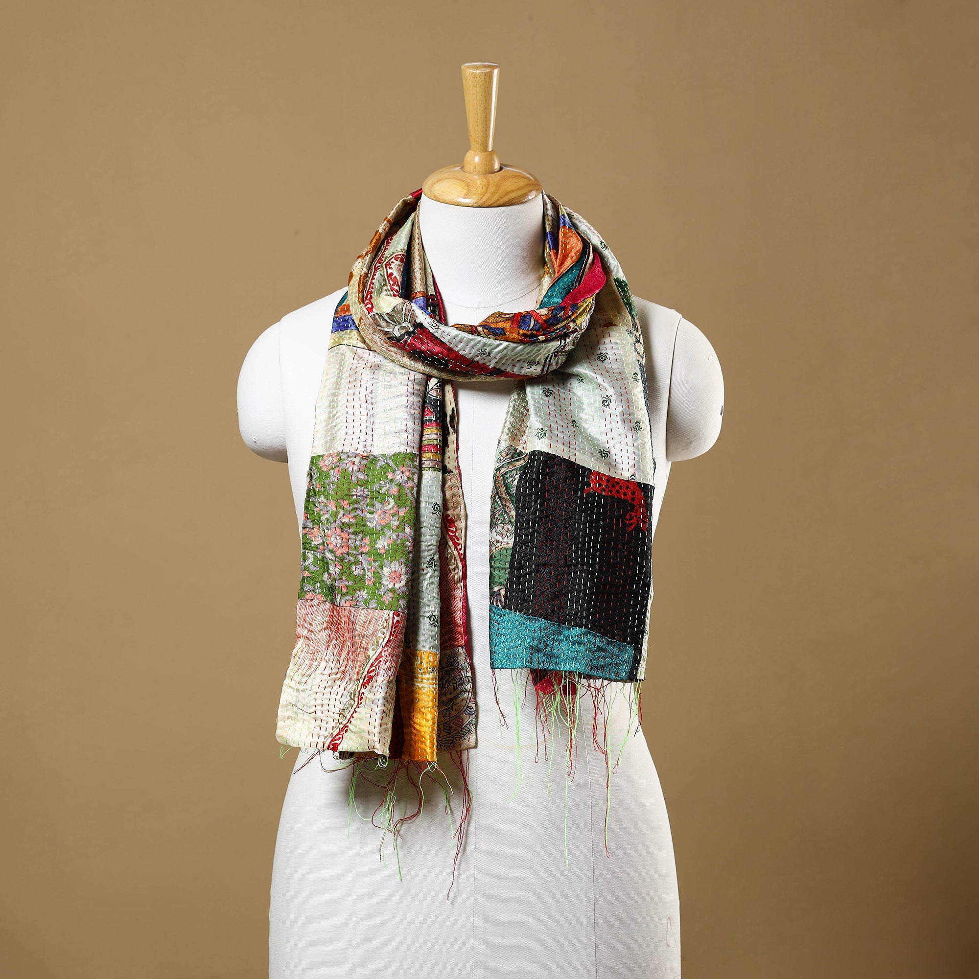 Multicolor - Patchwork Reversible Silk Bengal Hand Kantha Stitch Stole 27