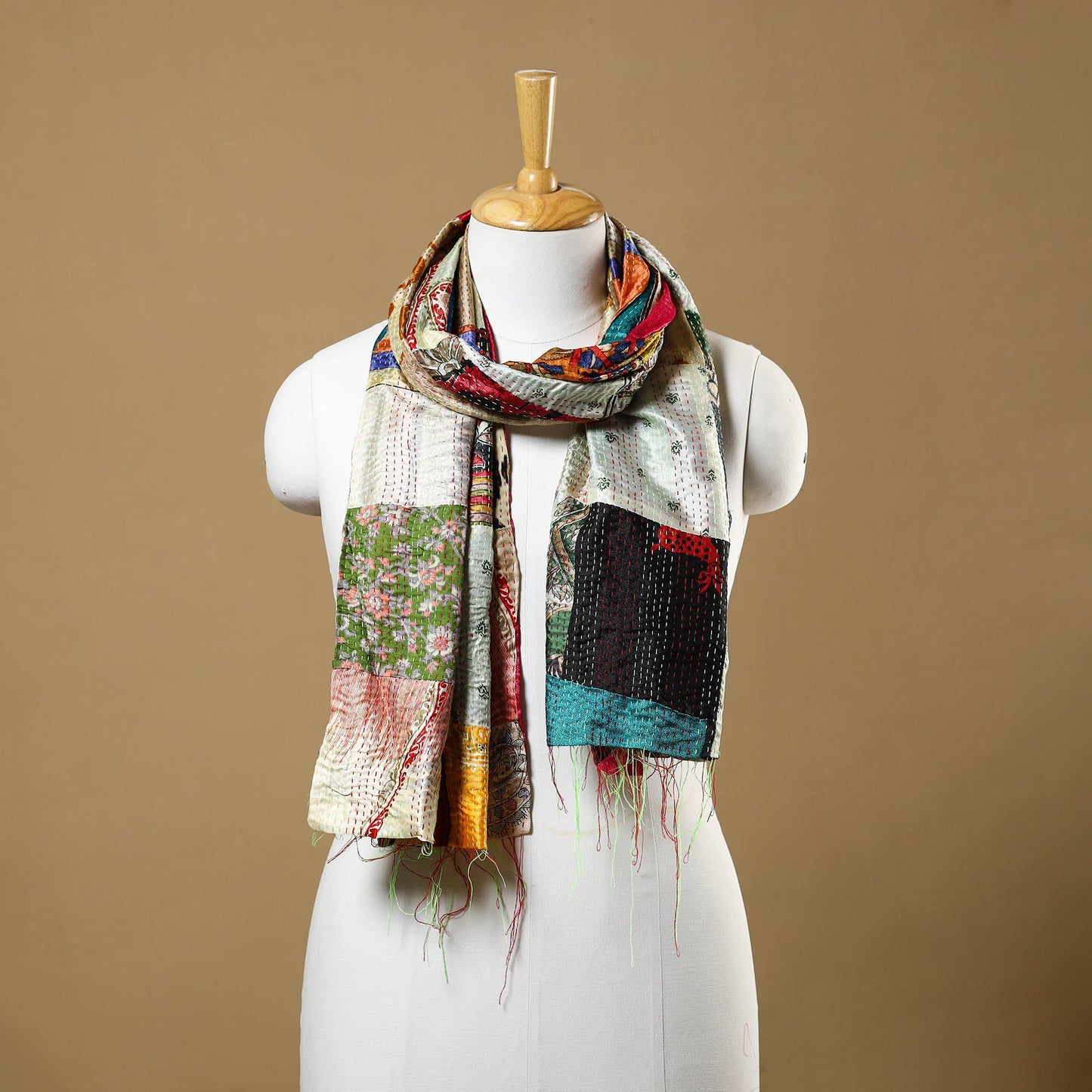 Buy Multicolor Bengal Kantha Work Reversible Patchwork Silk Stole