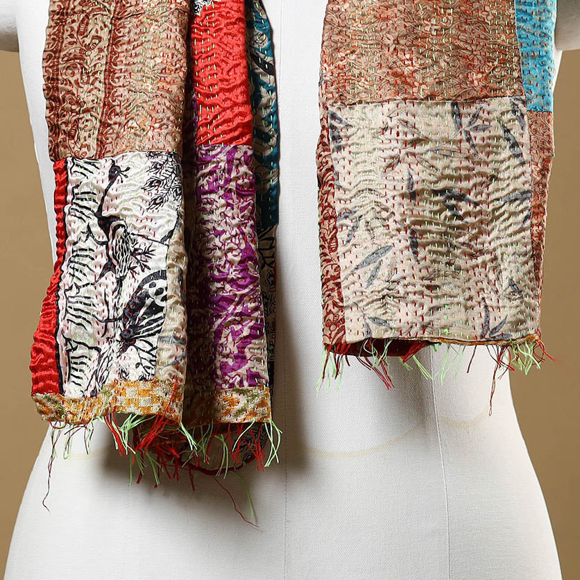 Buy Multicolor Bengal Kantha Work Reversible Patchwork Silk Stole