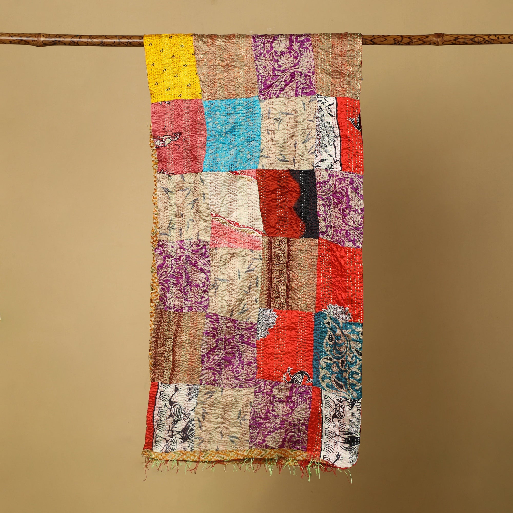 Buy Multicolor Bengal Kantha Work Reversible Patchwork Silk Stole