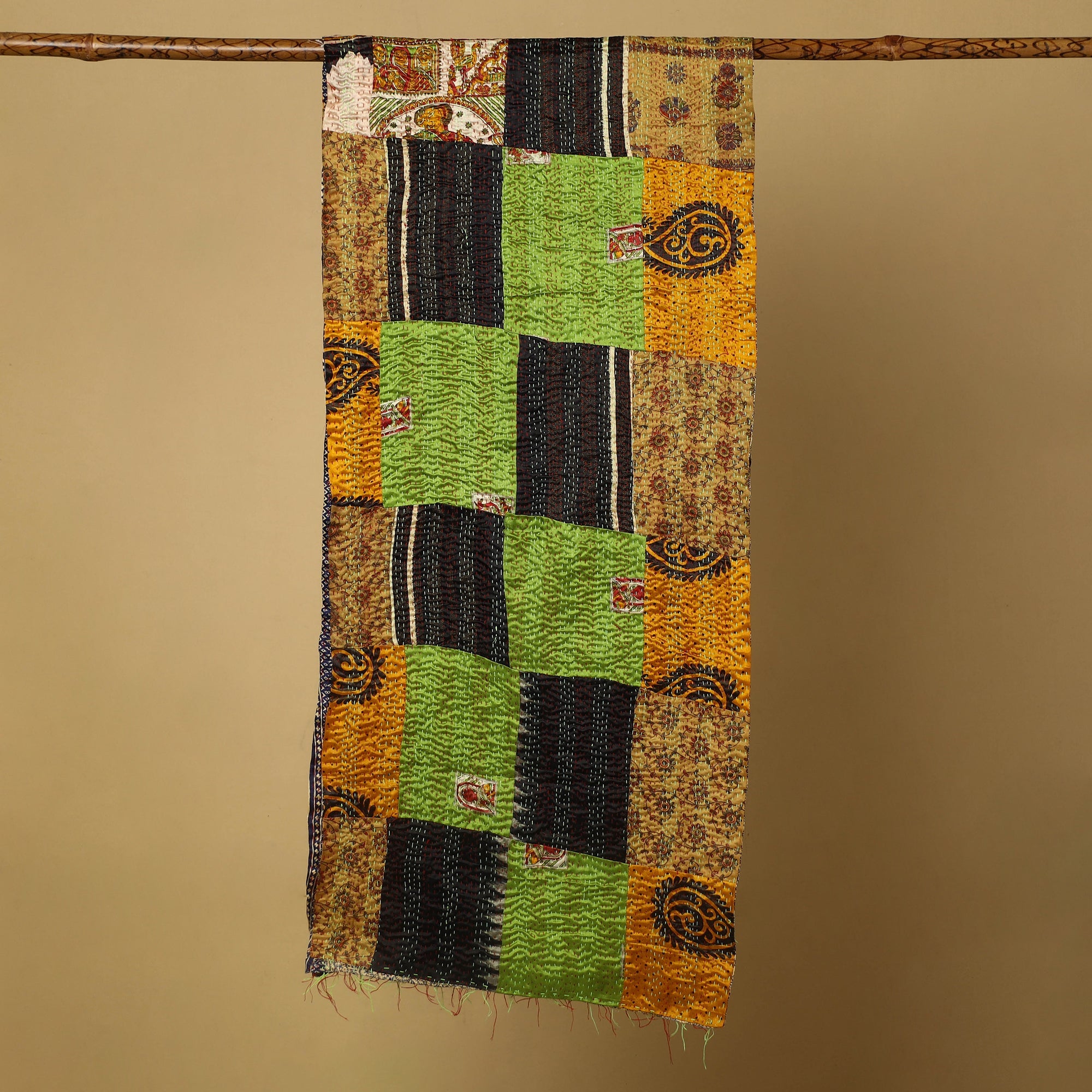  Multicolor Bengal Kantha Work Reversible Patchwork Silk Stole