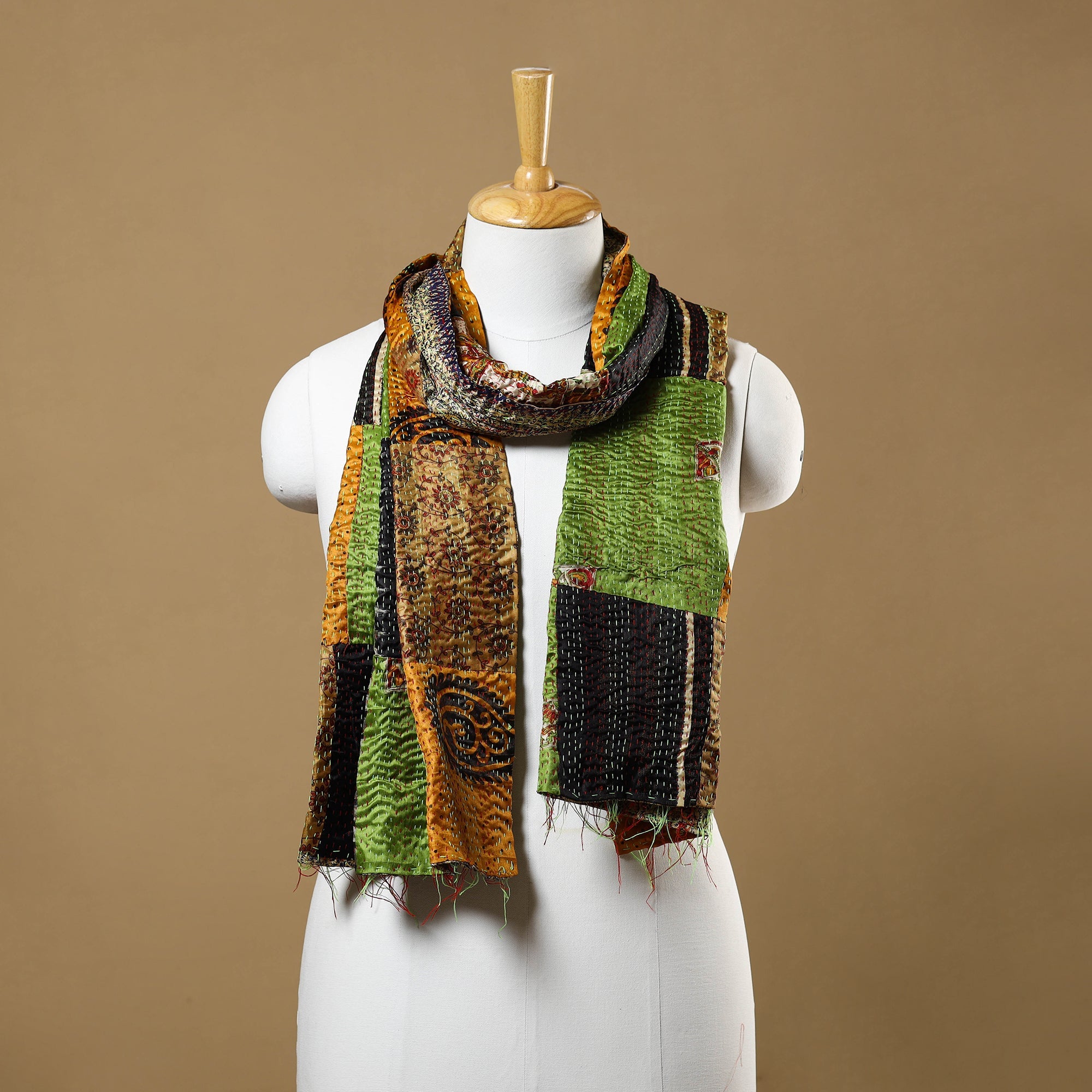  Multicolor Bengal Kantha Work Reversible Patchwork Silk Stole