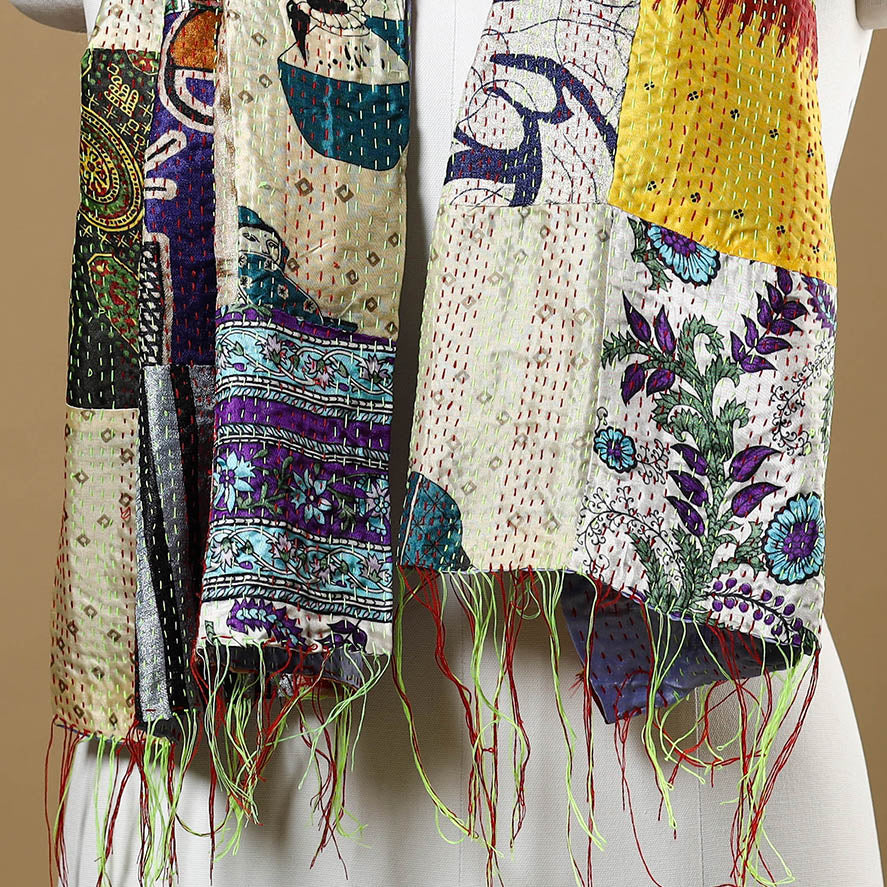  Multicolor Bengal Kantha Work Reversible Patchwork Silk Stole