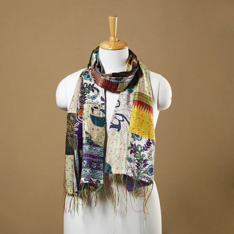  Multicolor Bengal Kantha Work Reversible Patchwork Silk Stole
