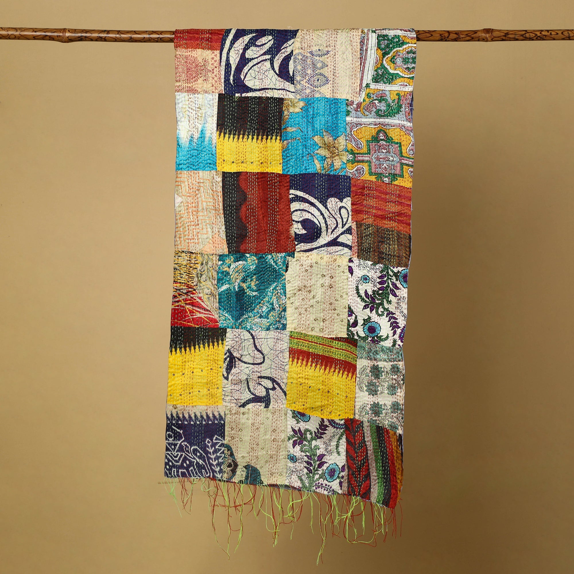  Multicolor Bengal Kantha Work Reversible Patchwork Silk Stole