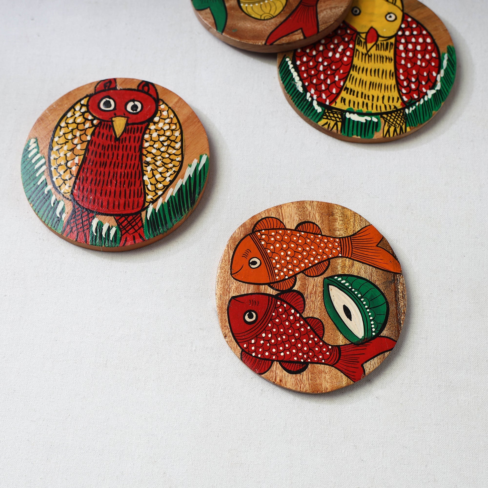 Bengal patua handpainted akashmoni wooden coasters (set