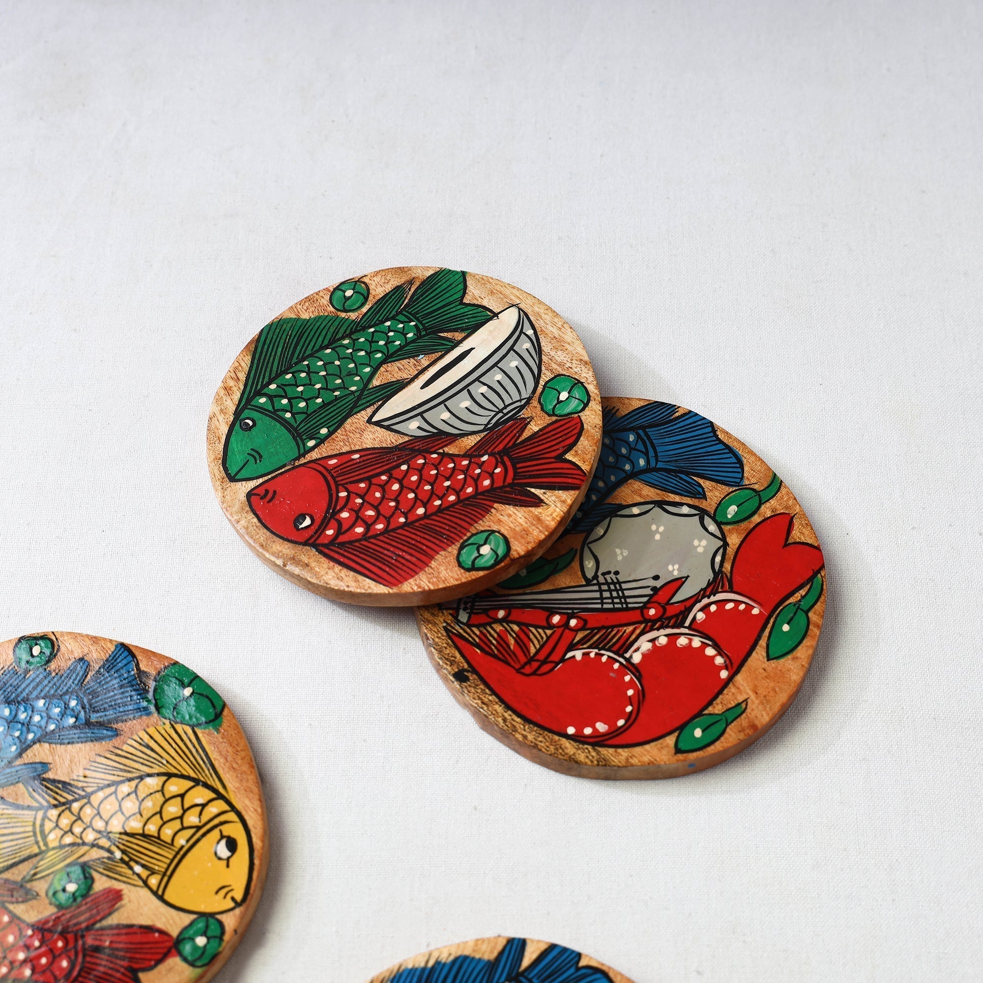Bengal patua handpainted akashmoni wooden coasters (set