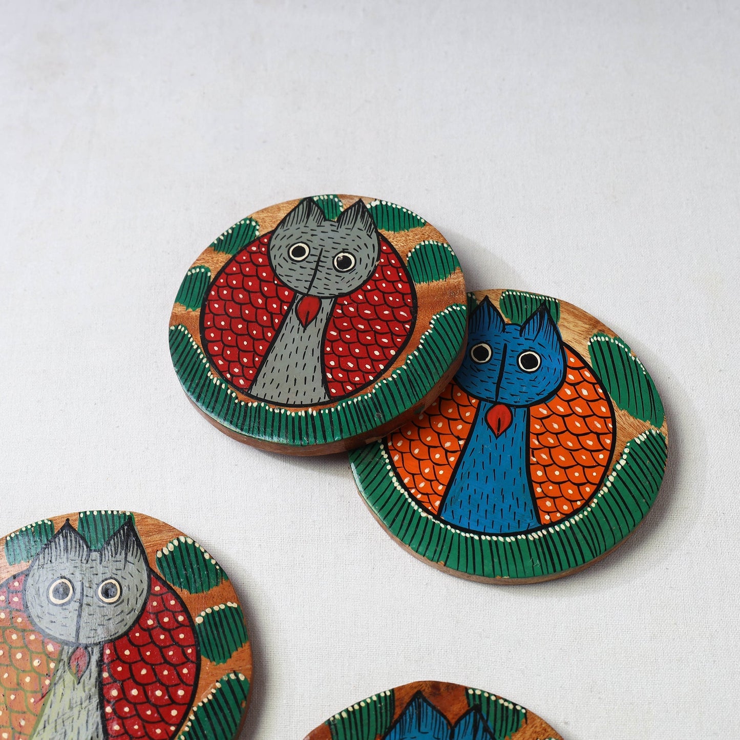 Bengal patua handpainted akashmoni wooden coasters (set