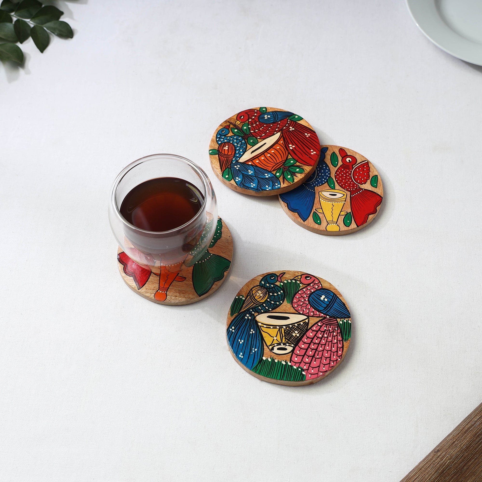 Bengal patua handpainted akashmoni wooden coasters (set