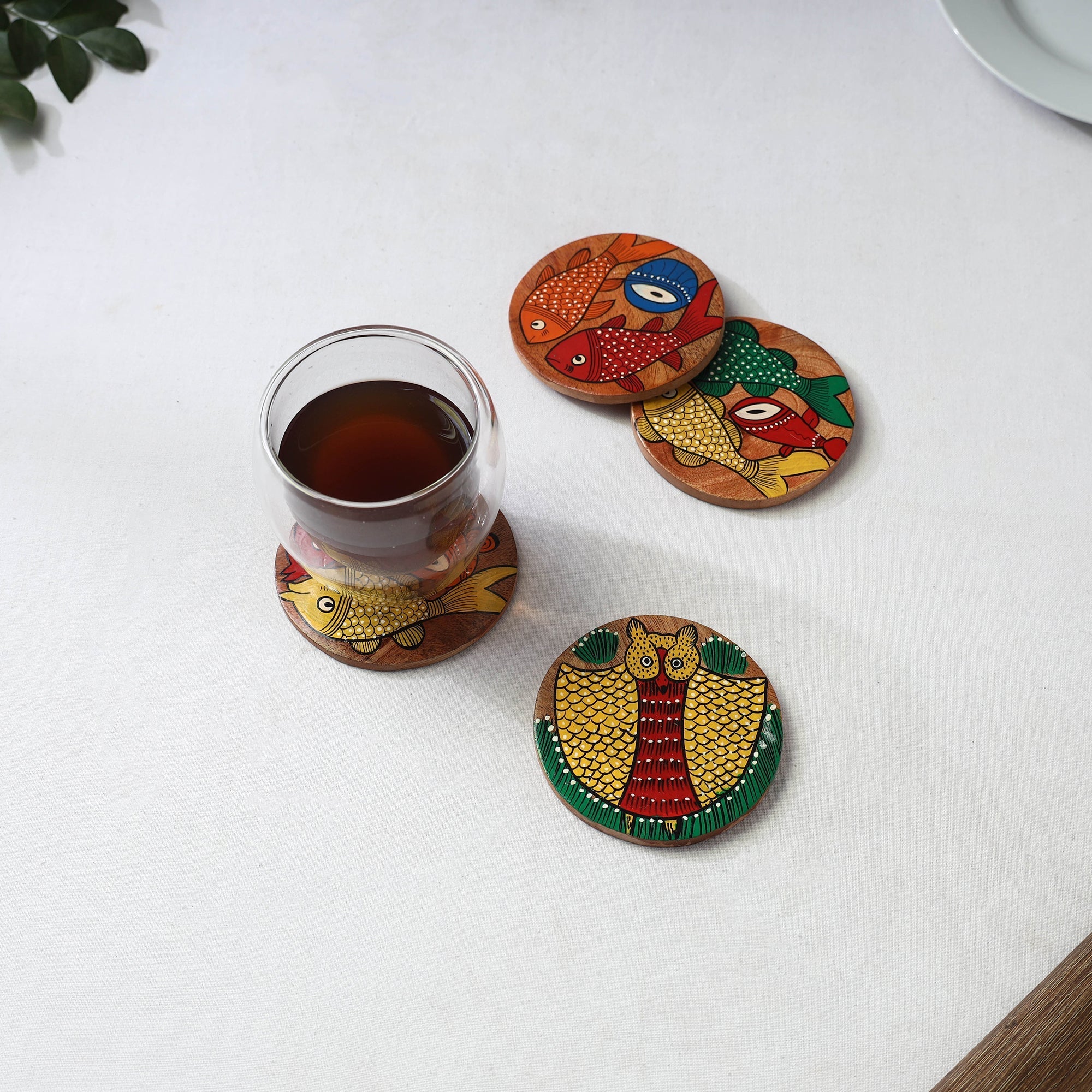 Bengal patua handpainted akashmoni wooden coasters (set