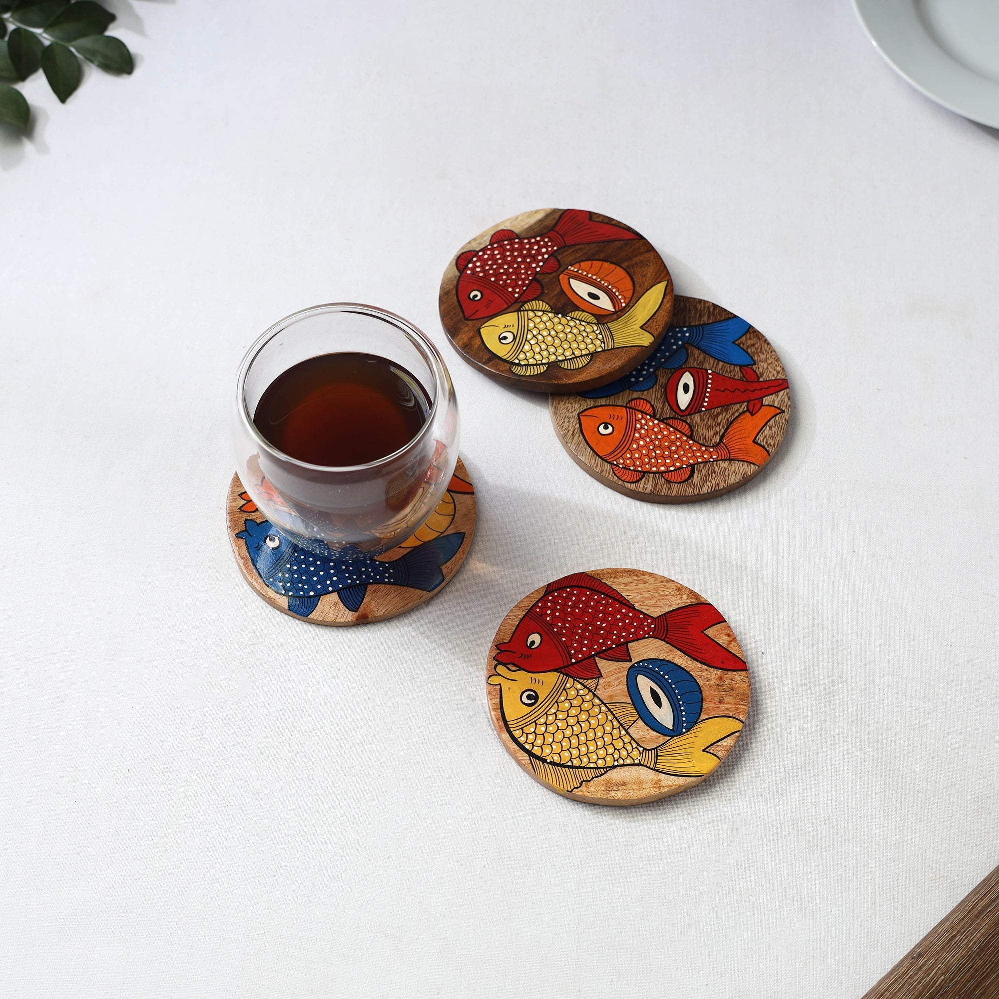 Bengal patua handpainted akashmoni wooden coasters (set