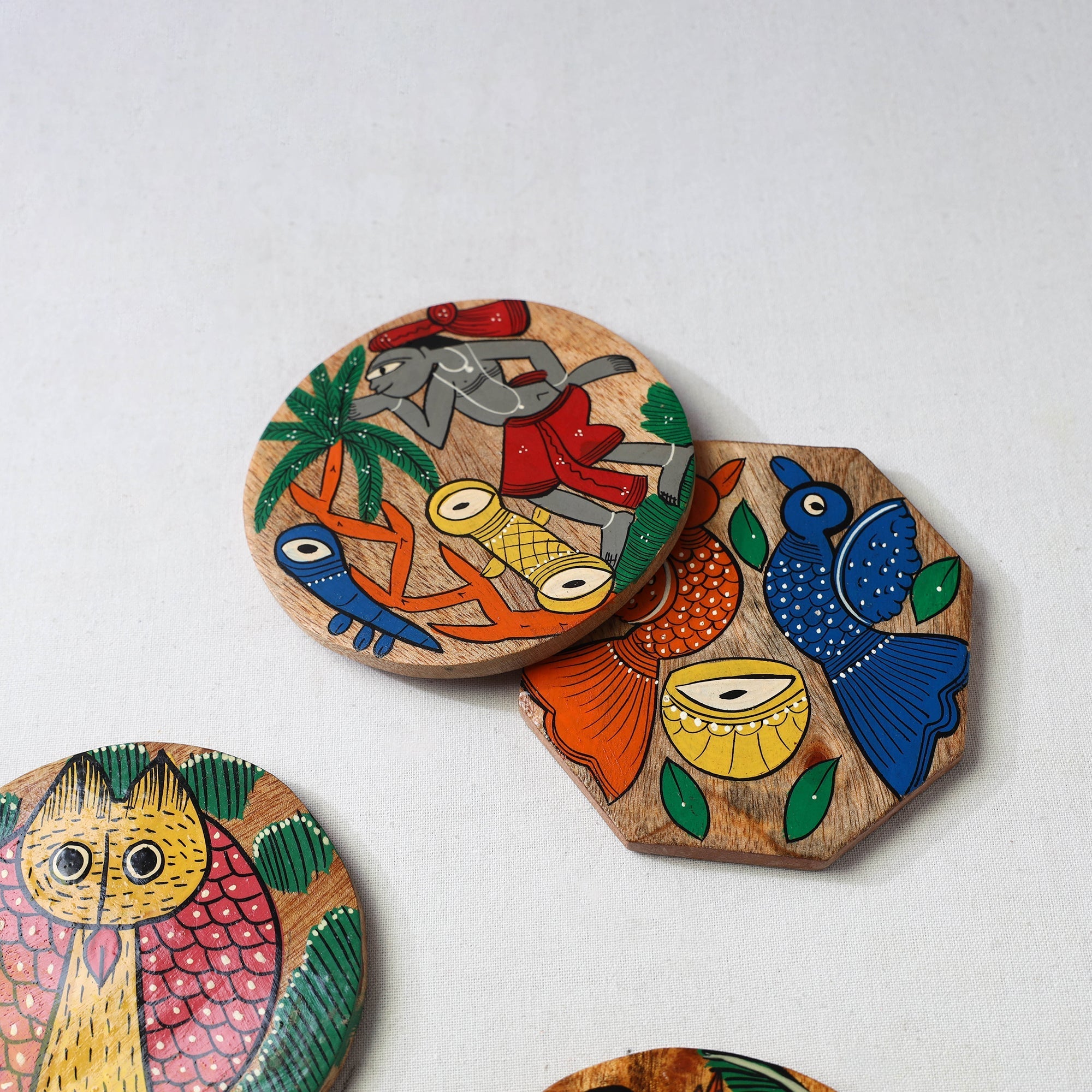 Bengal patua handpainted akashmoni wooden coasters (set