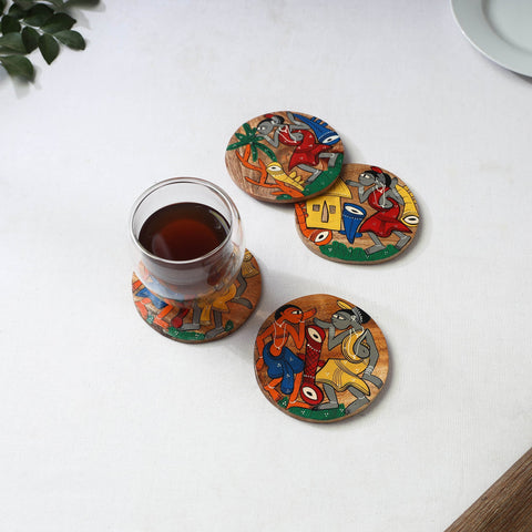 Bengal patua handpainted akashmoni wooden coasters (set