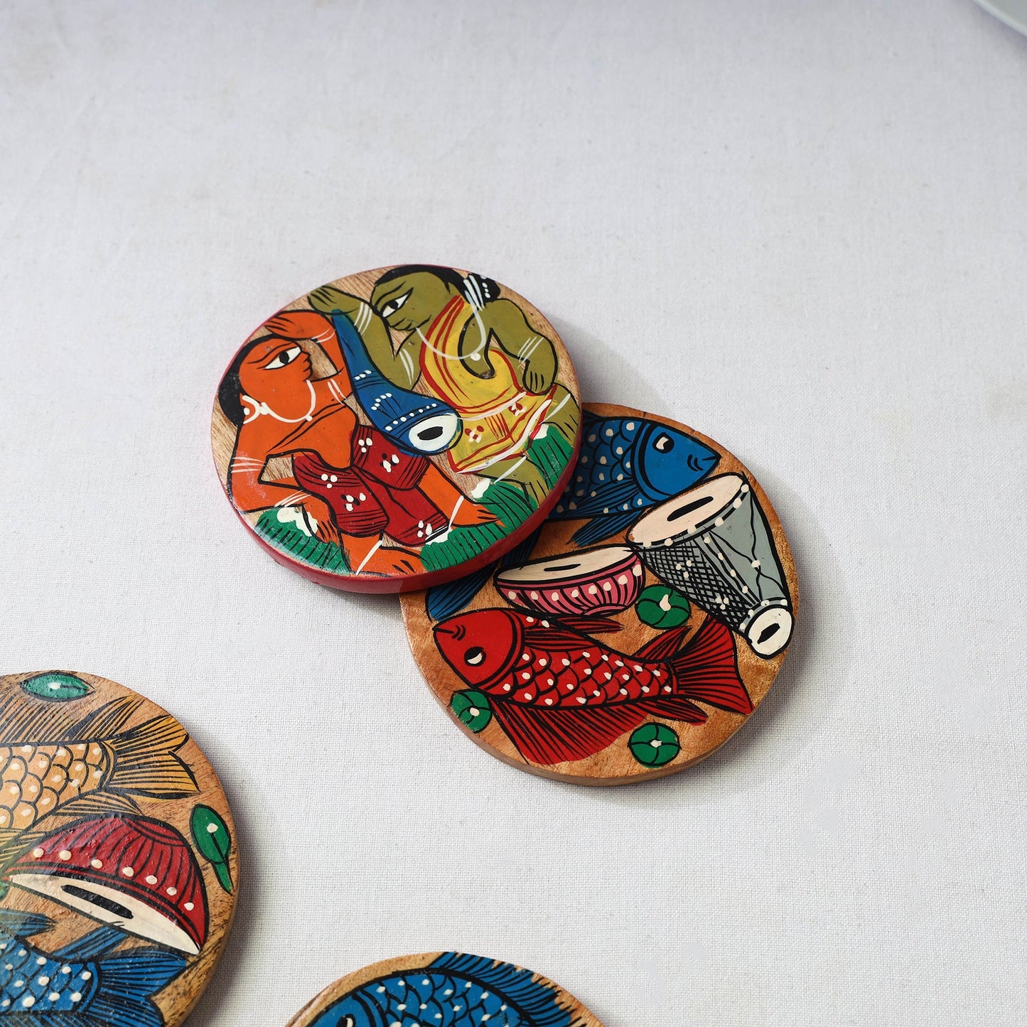 Bengal patua handpainted akashmoni wooden coasters (set
