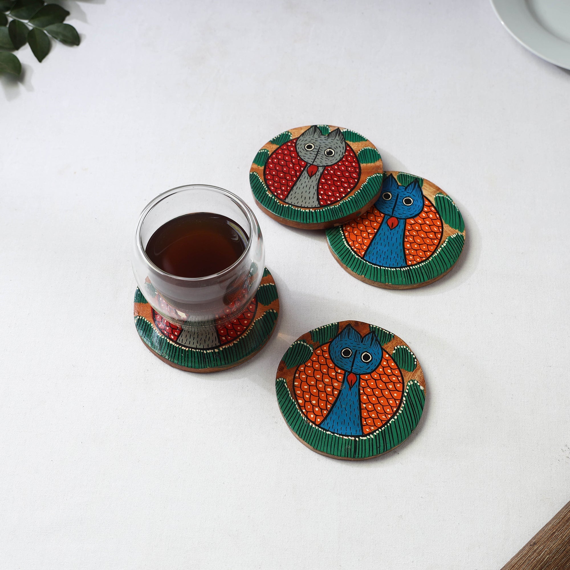 Bengal patua handpainted akashmoni wooden coasters (set