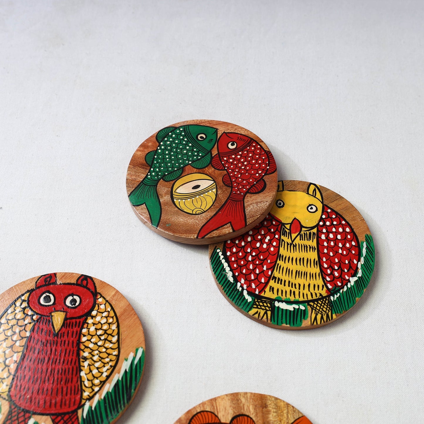 Bengal patua handpainted akashmoni wooden coasters (set