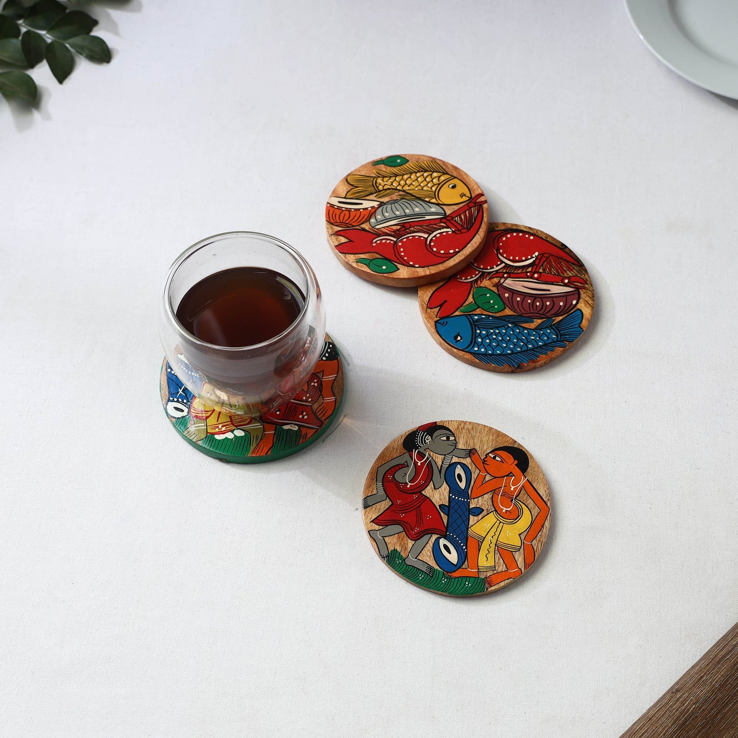 Bengal patua handpainted akashmoni wooden coasters (set