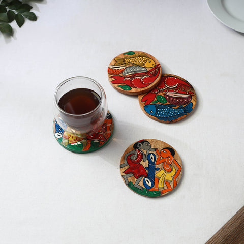 Bengal patua handpainted akashmoni wooden coasters (set