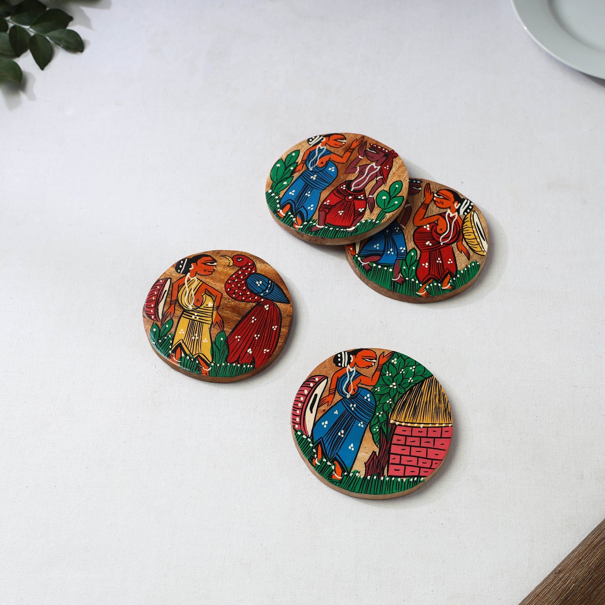 Bengal patua handpainted akashmoni wooden coasters (set