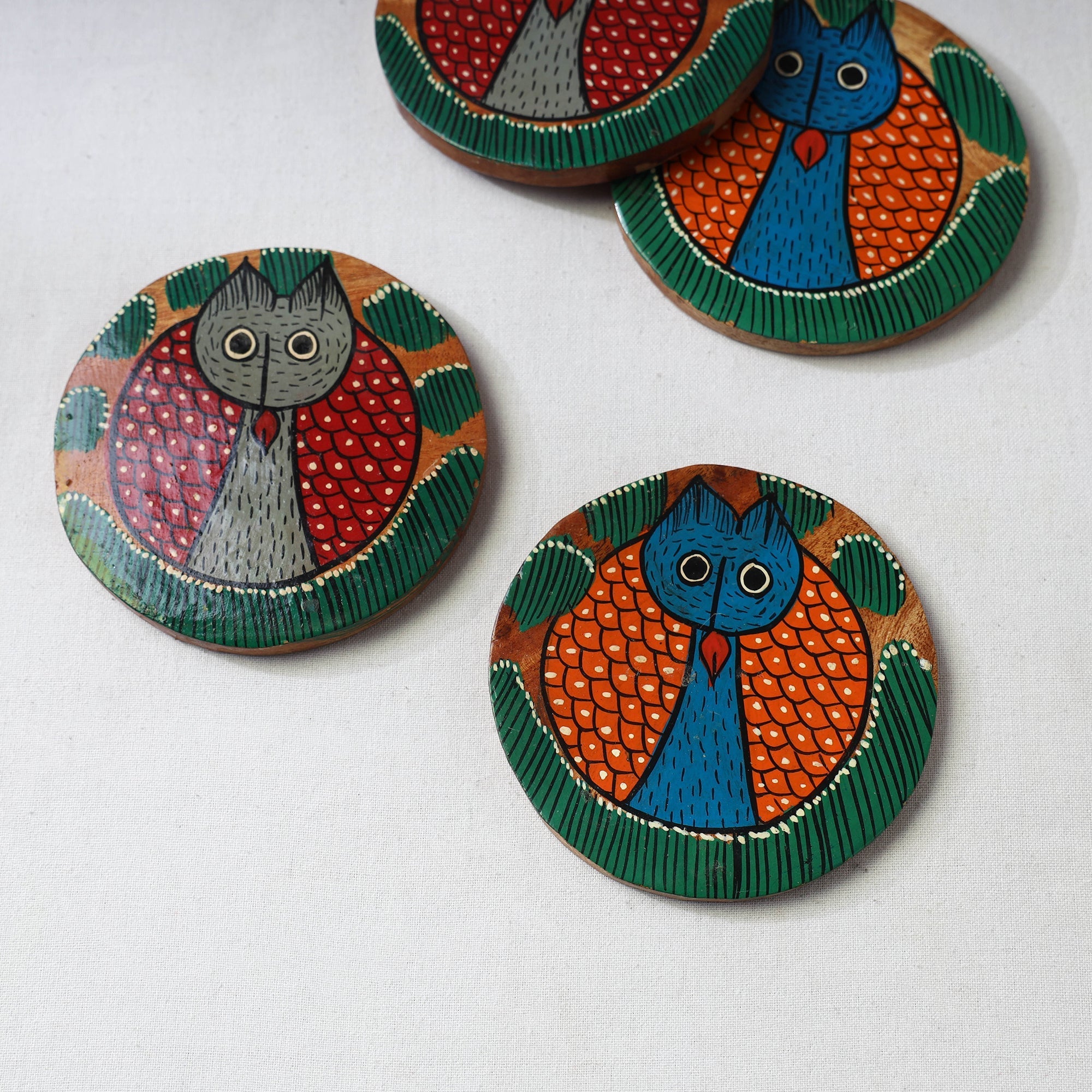 Bengal patua handpainted akashmoni wooden coasters (set