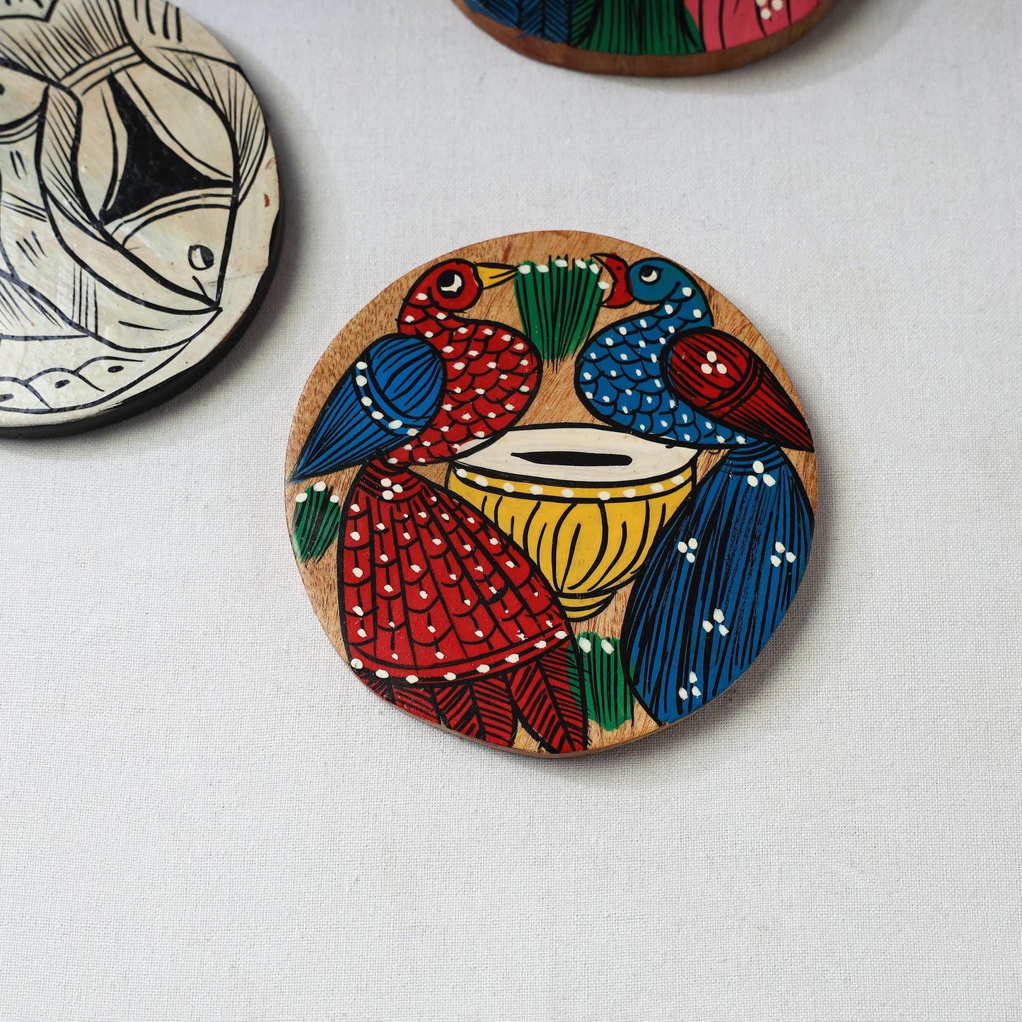 Bengal patua handpainted akashmoni wooden coasters (set