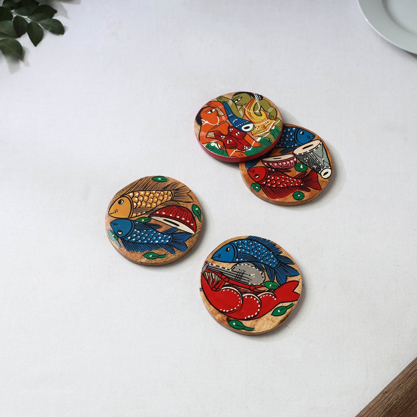 Bengal patua handpainted akashmoni wooden coasters (set