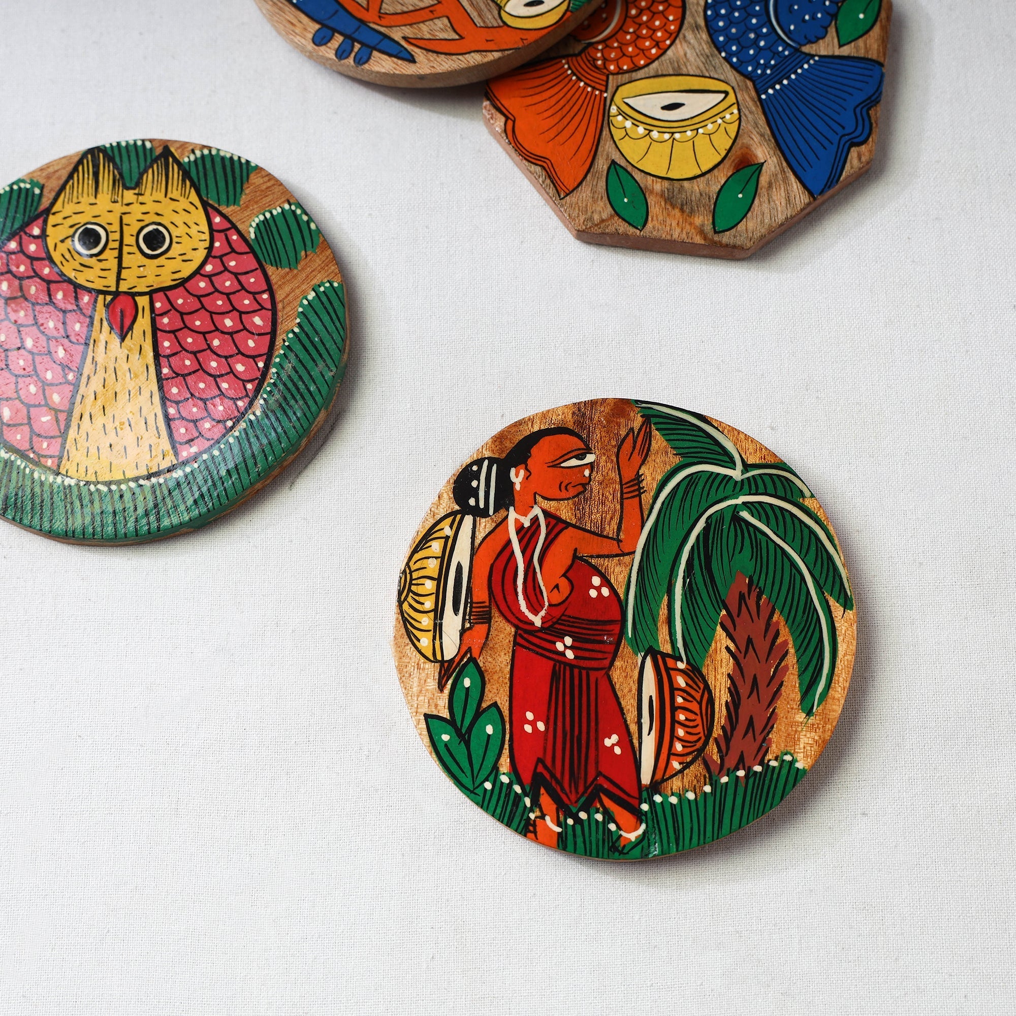 Bengal patua handpainted akashmoni wooden coasters (set