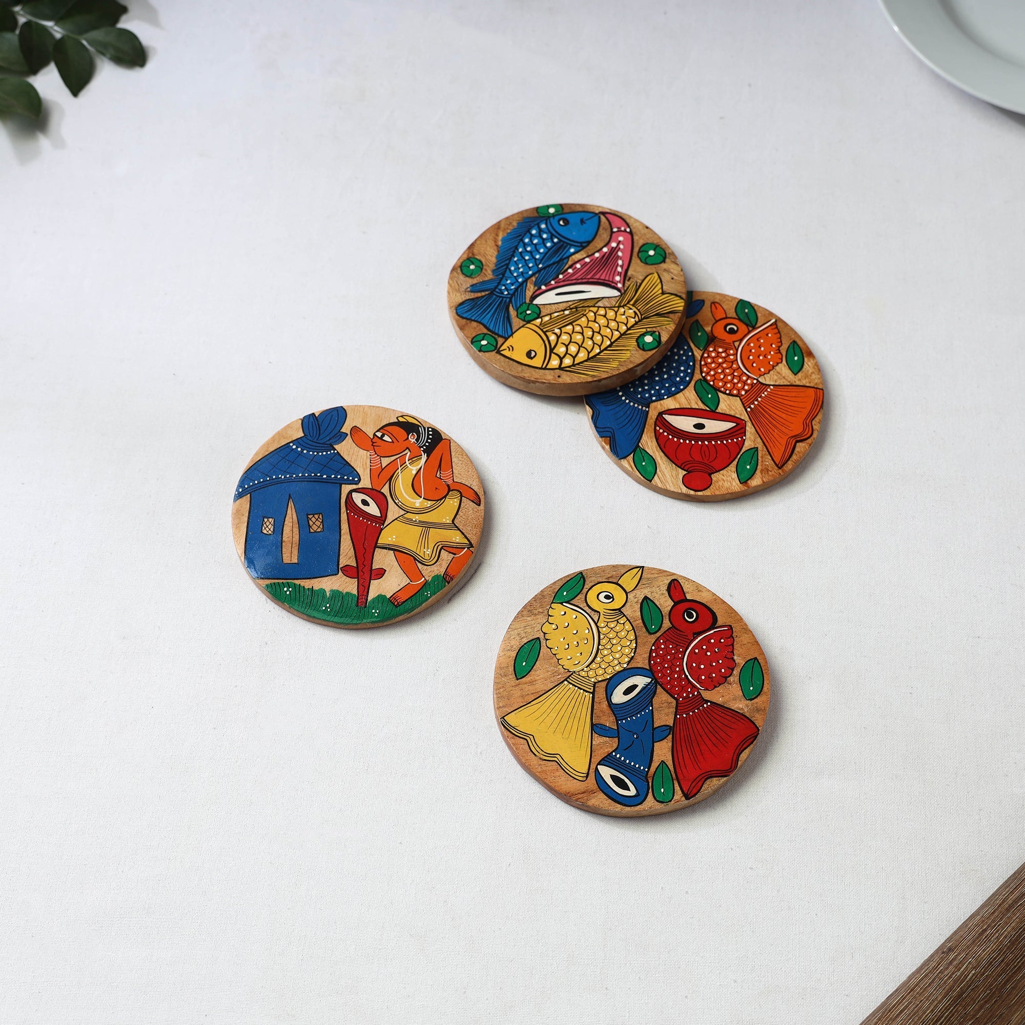 Bengal patua handpainted akashmoni wooden coasters (set