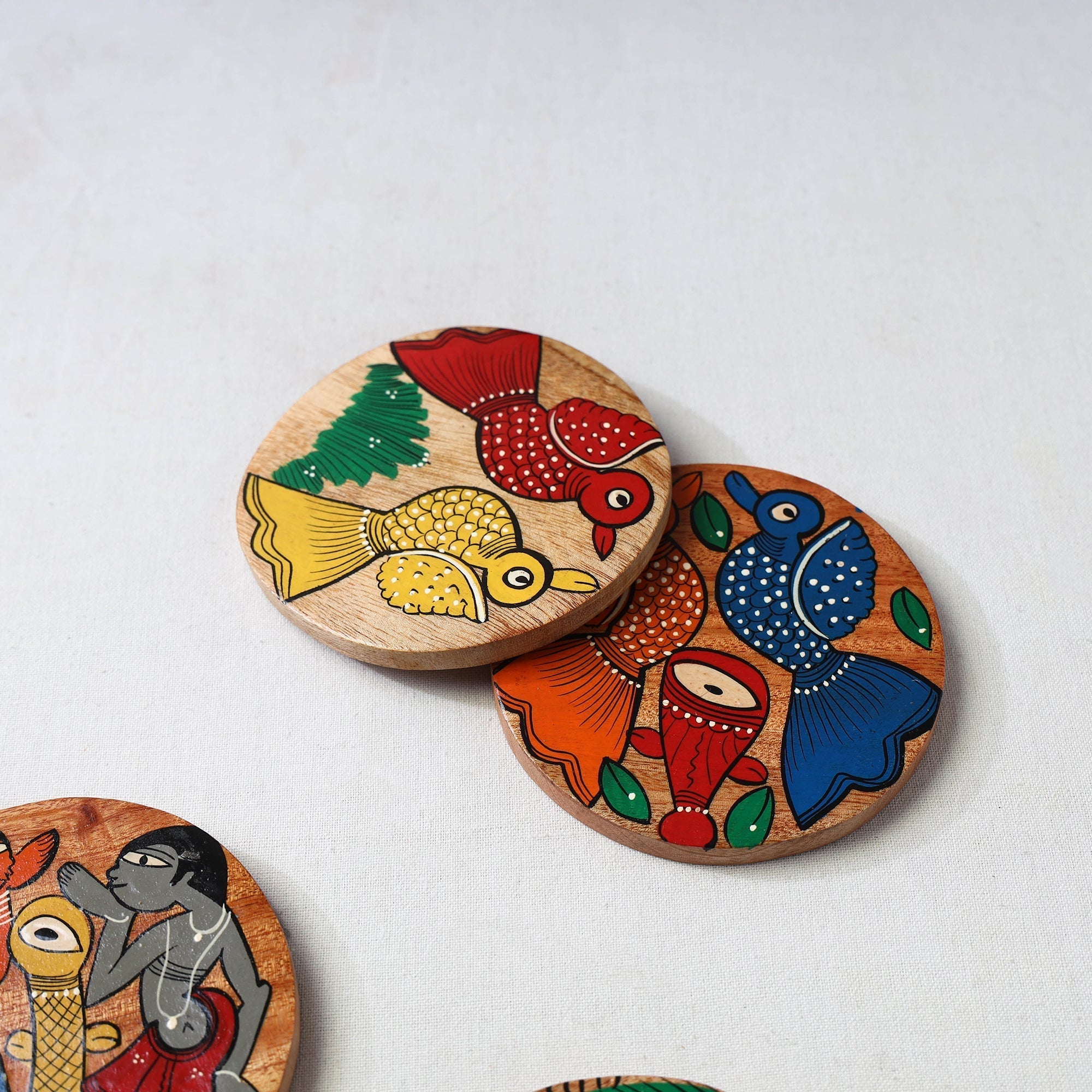 Bengal patua handpainted akashmoni wooden coasters (set