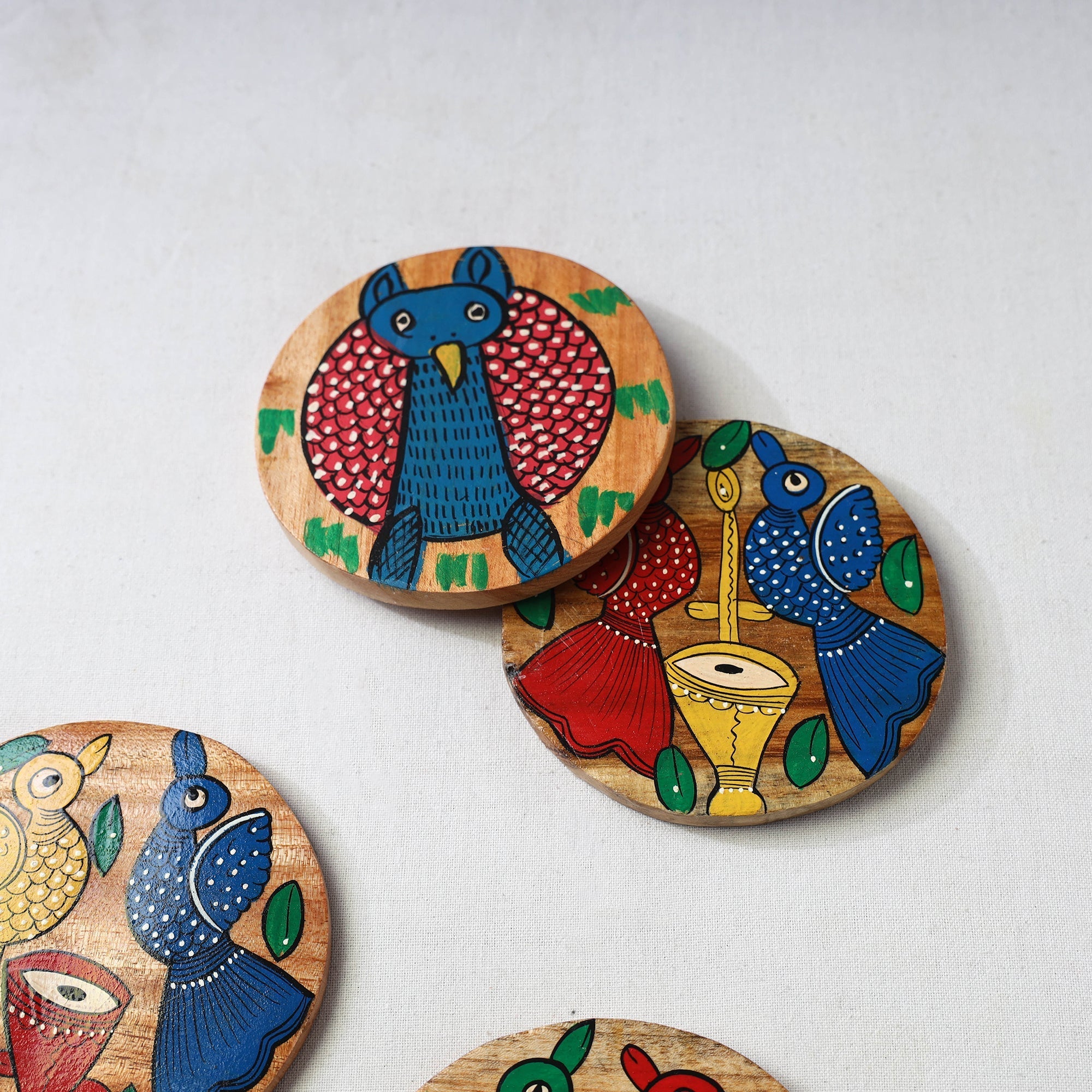 Bengal patua handpainted akashmoni wooden coasters (set