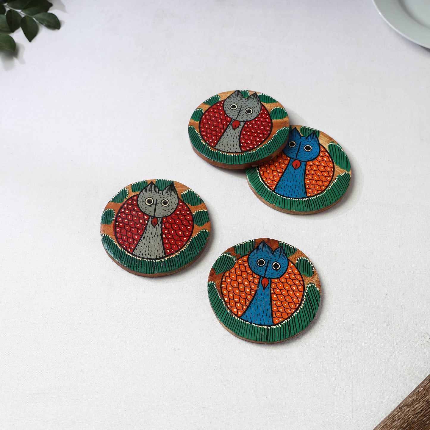 Bengal patua handpainted akashmoni wooden coasters (set