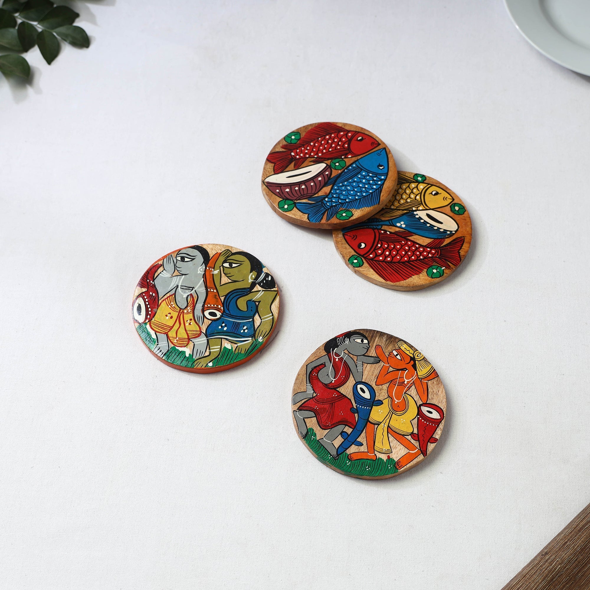 Bengal patua handpainted akashmoni wooden coasters (set