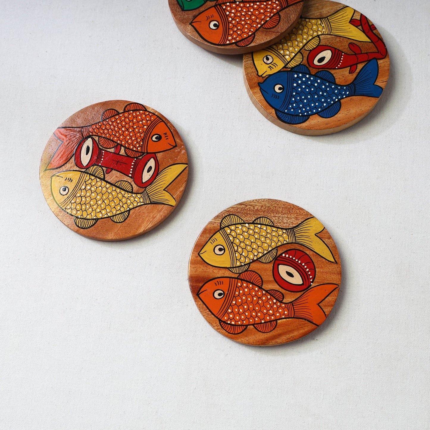 Bengal patua handpainted akashmoni wooden coasters (set
