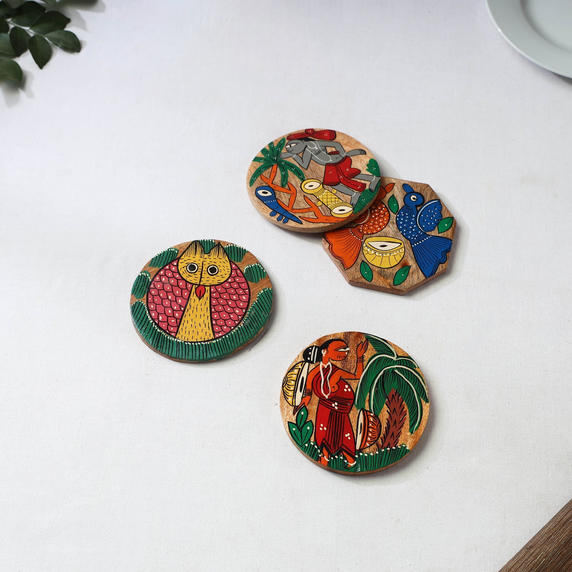 Bengal patua handpainted akashmoni wooden coasters (set