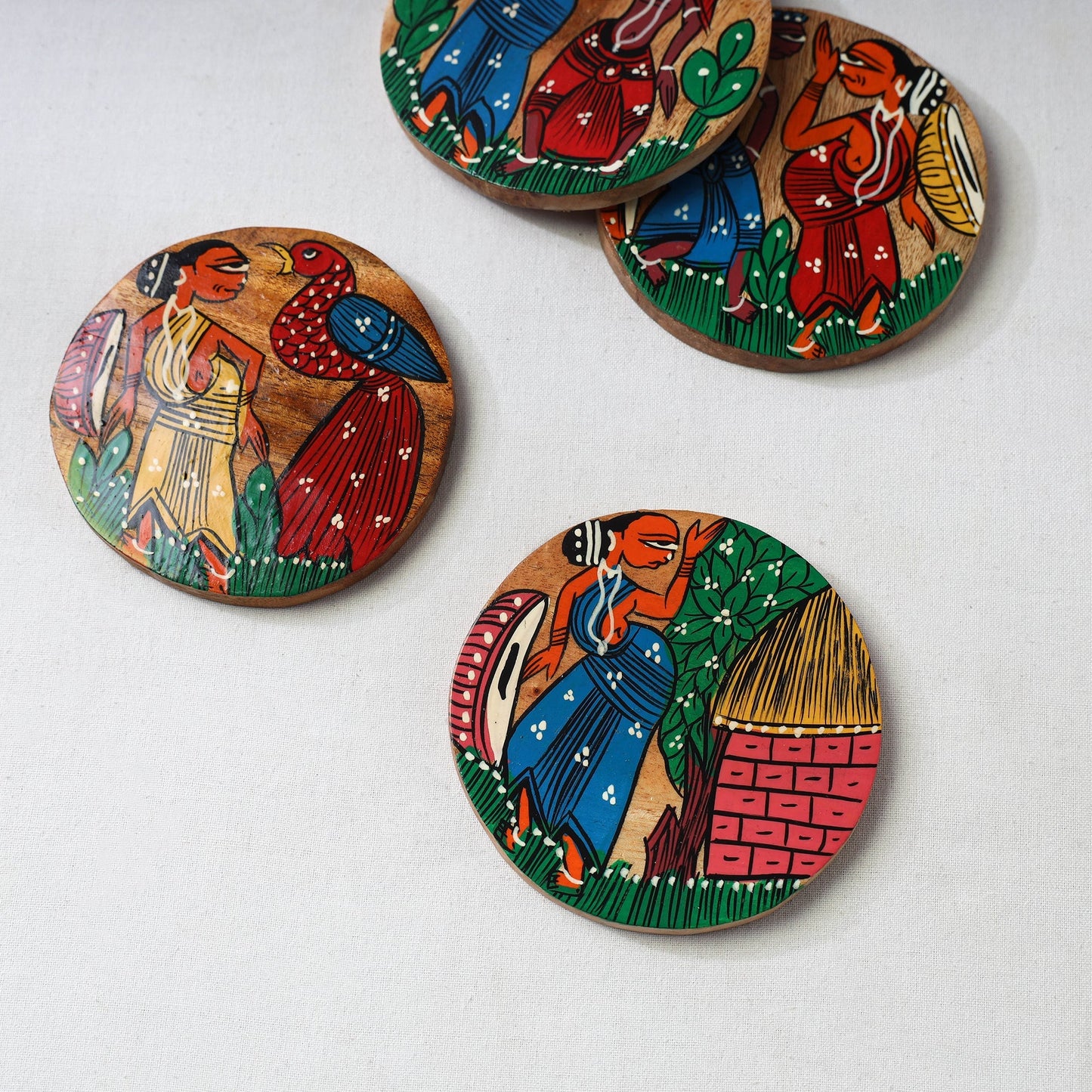Bengal patua handpainted akashmoni wooden coasters (set
