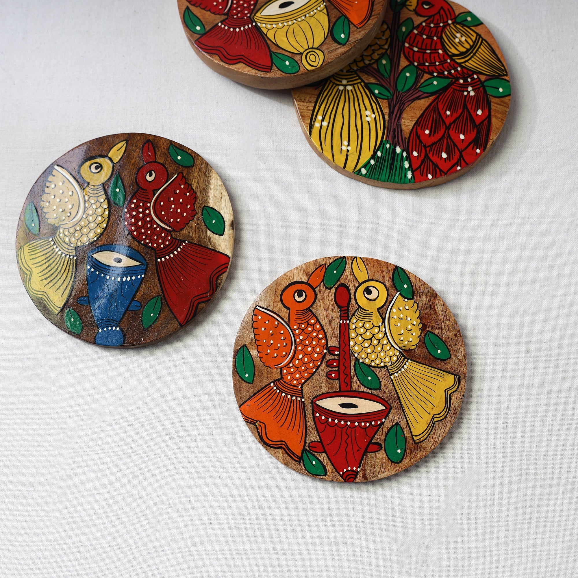 Bengal patua handpainted akashmoni wooden coasters (set