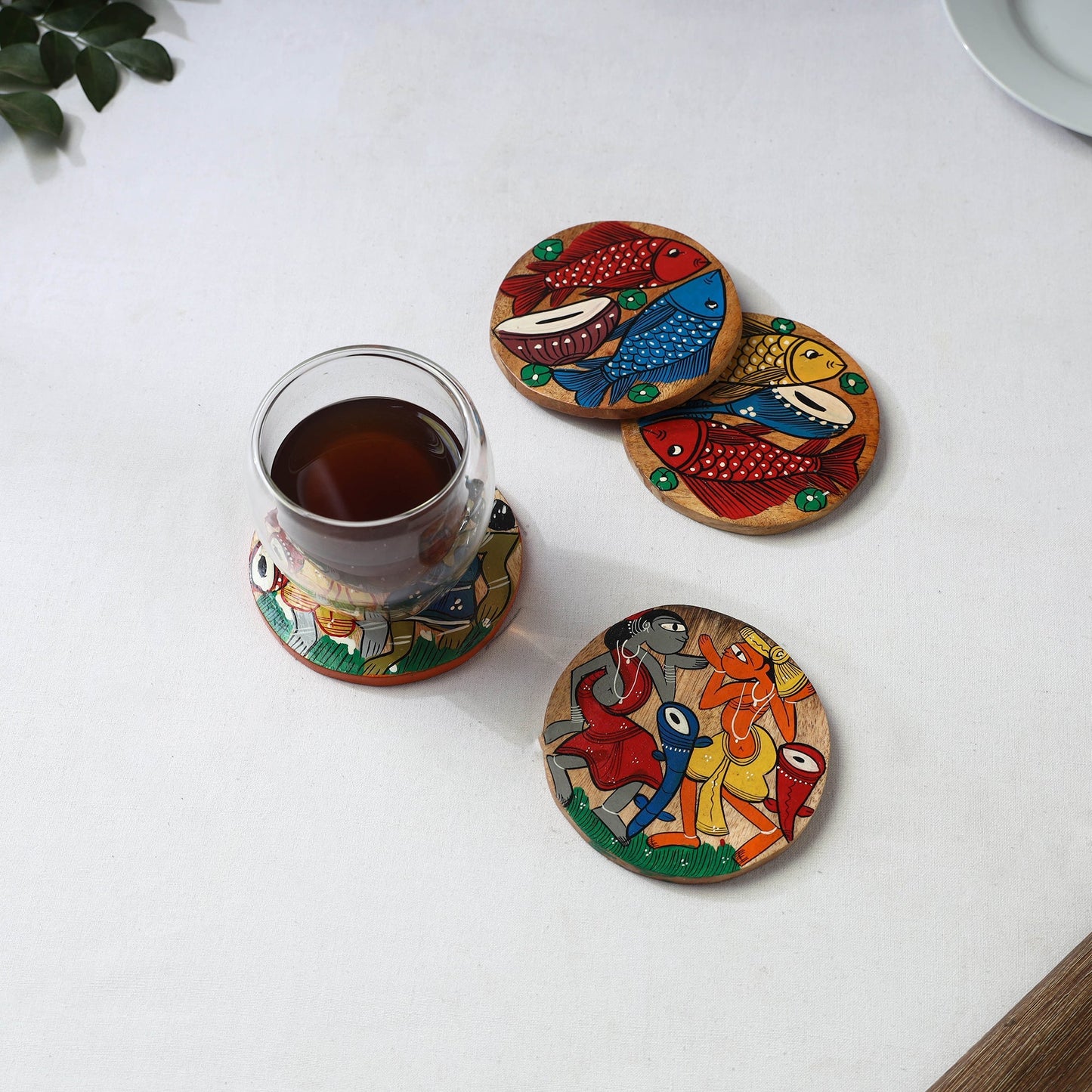 Bengal patua handpainted akashmoni wooden coasters (set