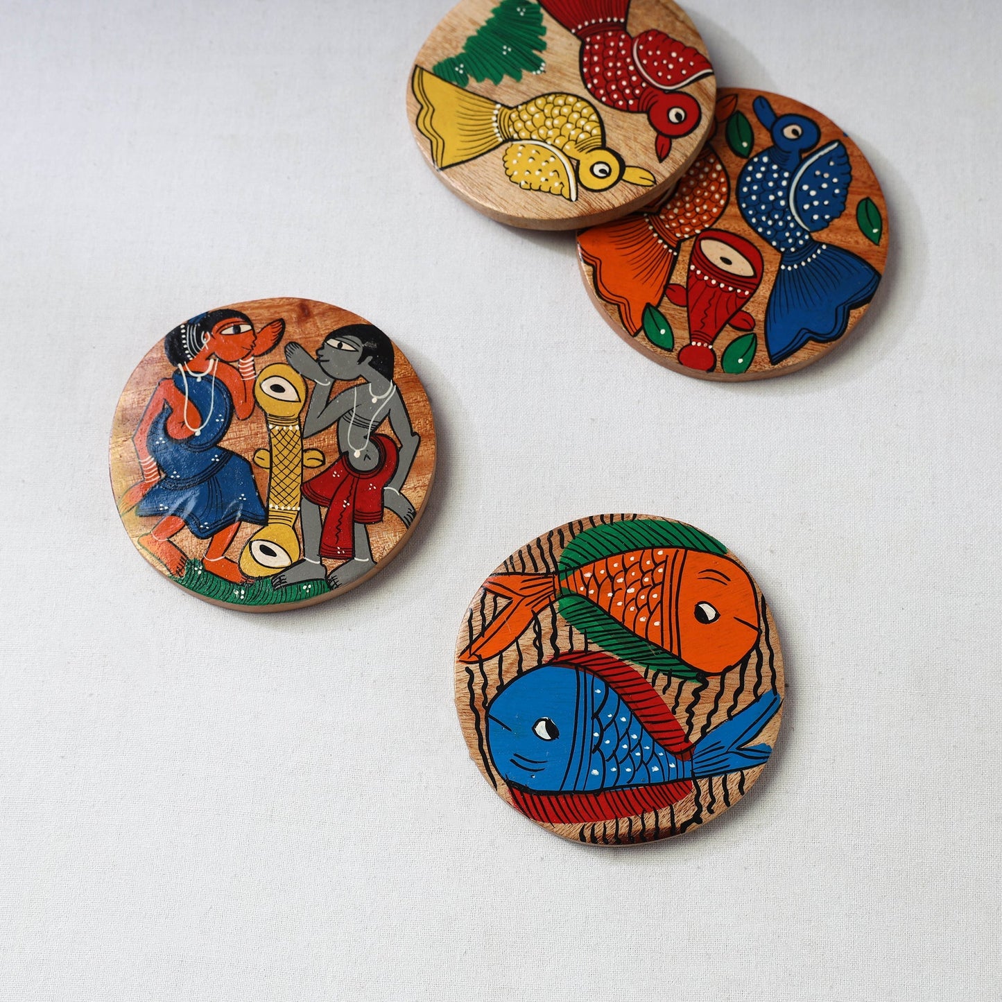 Bengal patua handpainted akashmoni wooden coasters (set