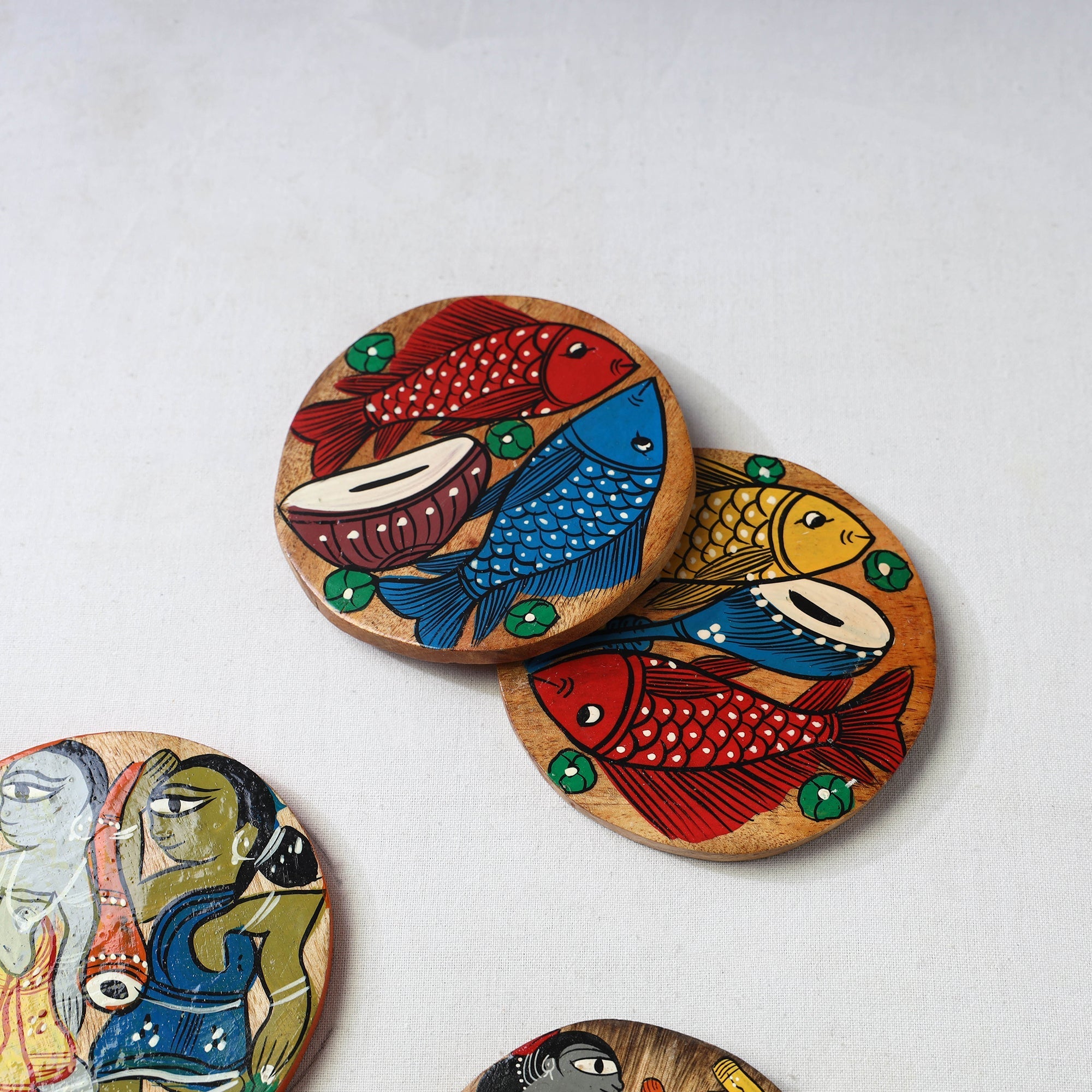 Bengal patua handpainted akashmoni wooden coasters (set