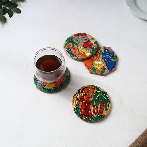 Bengal patua handpainted akashmoni wooden coasters (set